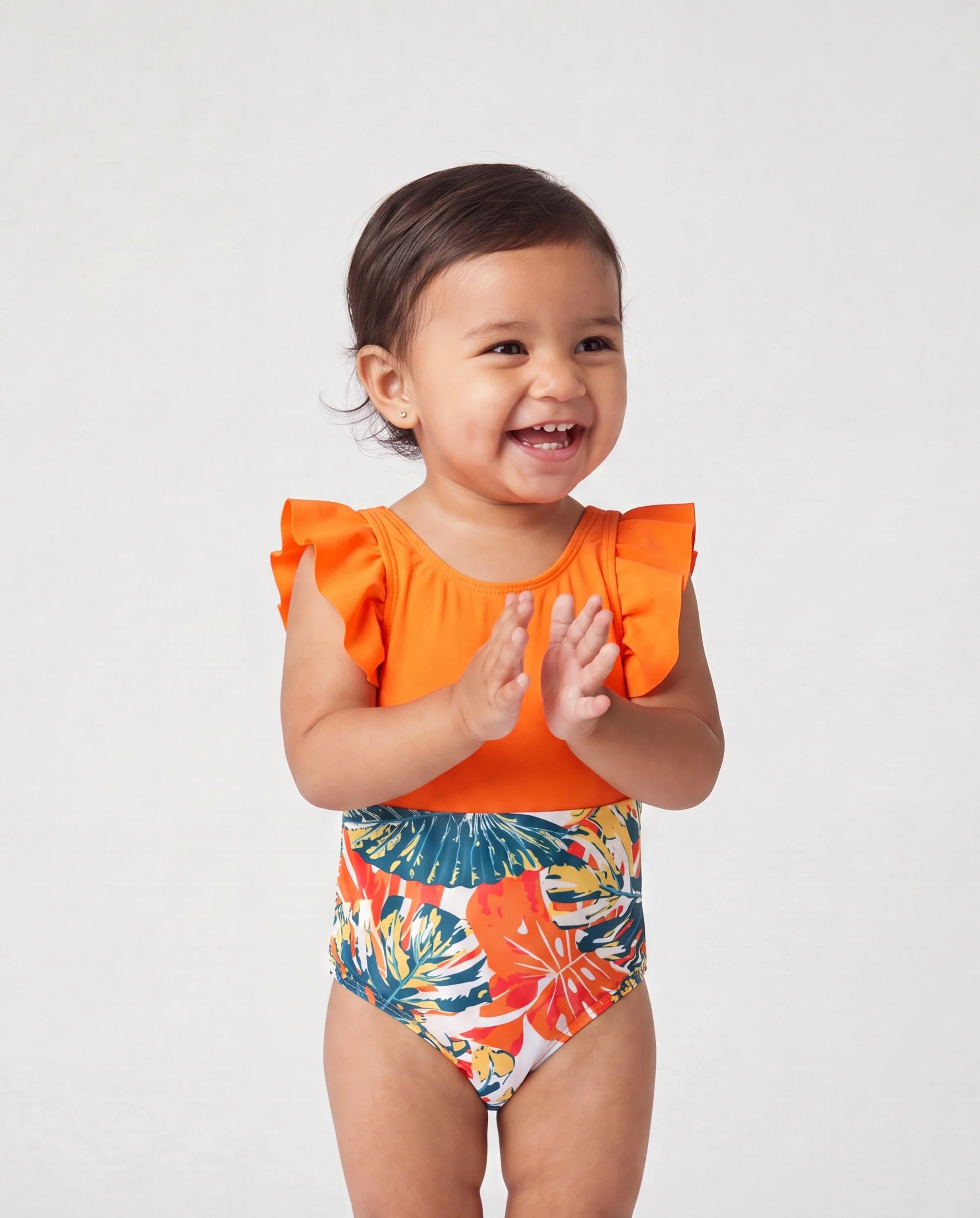 Toddler Girl Orange and All Over Tropical Plant Print Splicing Ruffle One-Piece Swimsuit Orange color - Image 2
