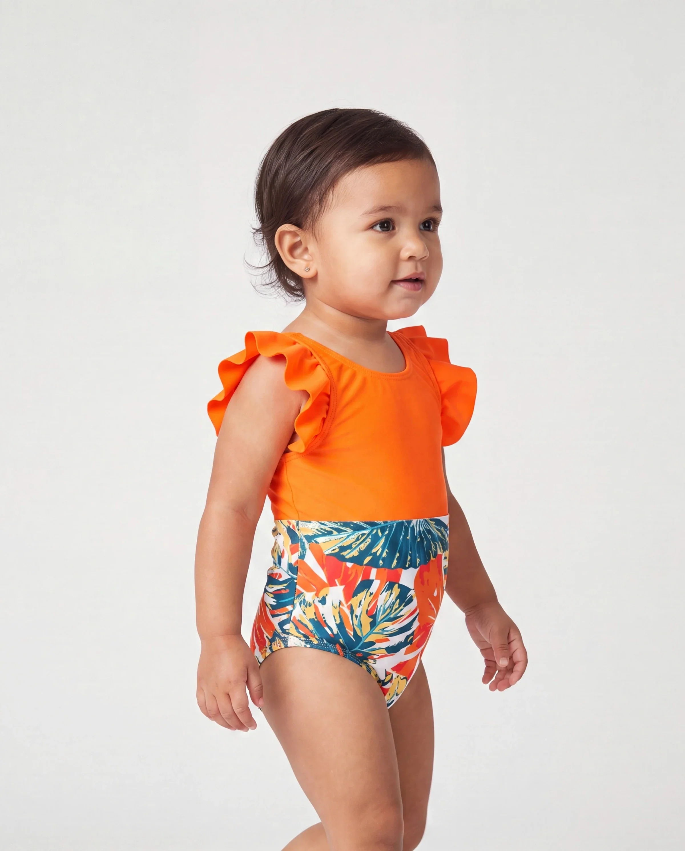 Toddler Girl Orange and All Over Tropical Plant Print Splicing Ruffle One-Piece Swimsuit Orange color - Image 3