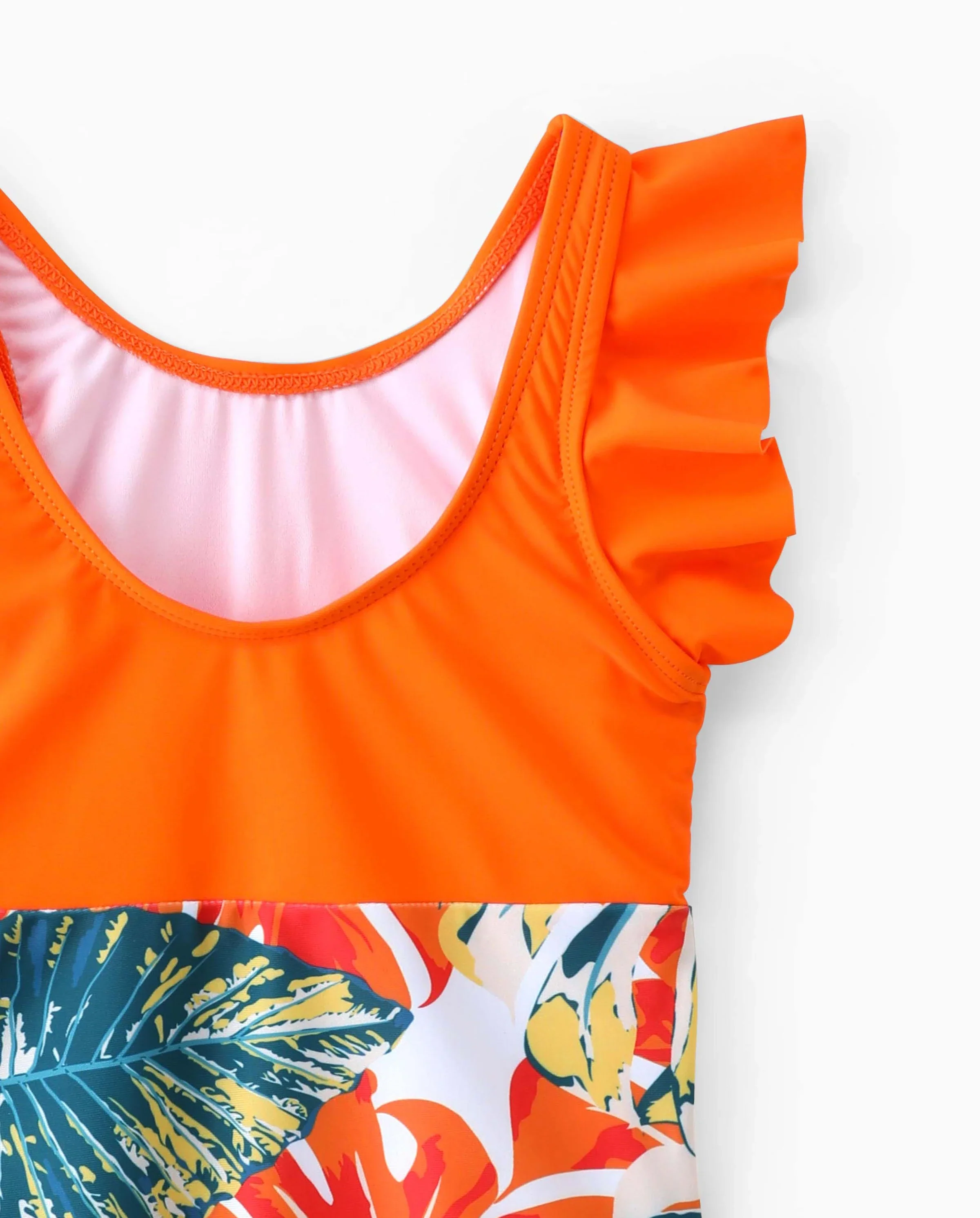 Toddler Girl Orange and All Over Tropical Plant Print Splicing Ruffle One-Piece Swimsuit Orange color - Image 5