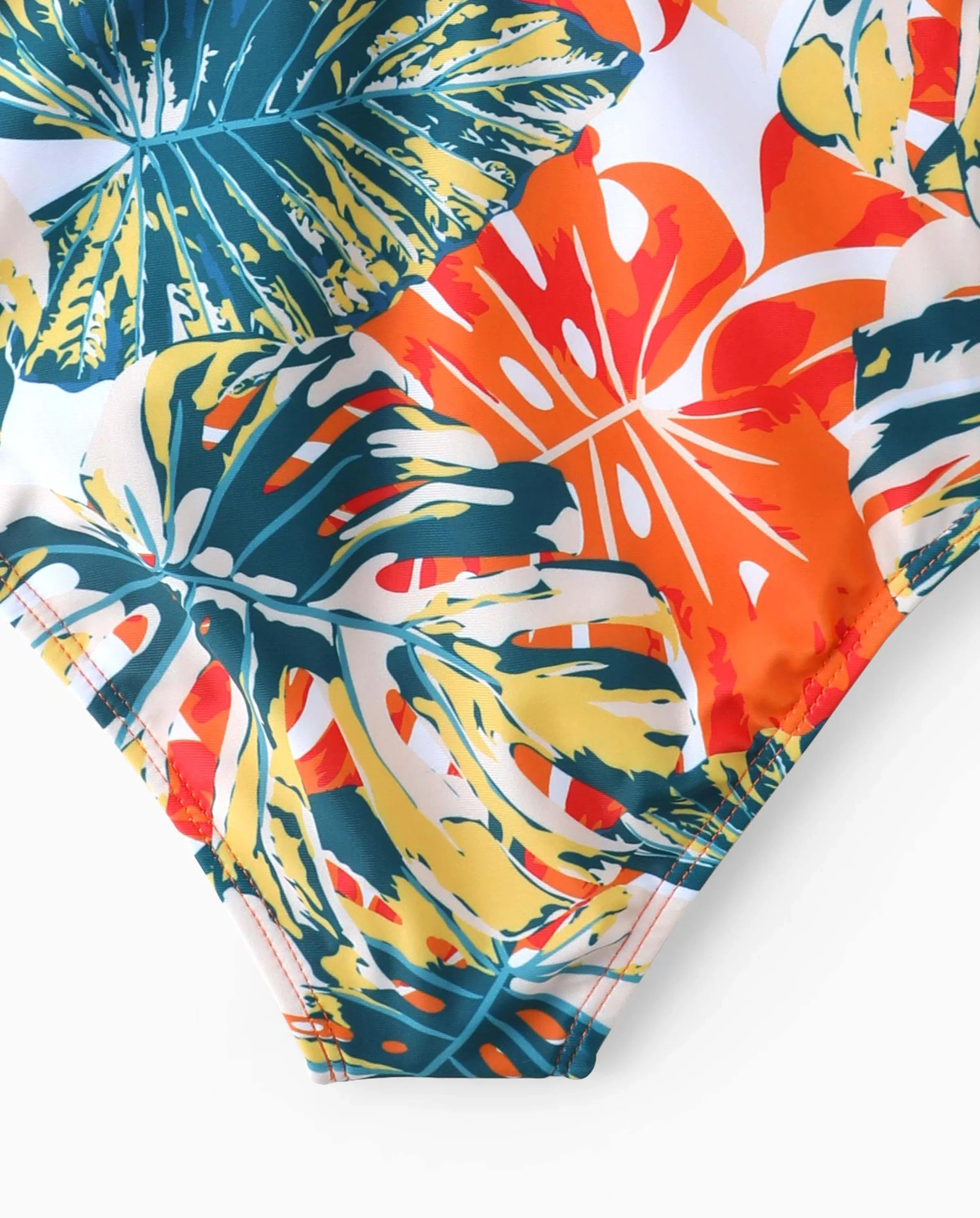 Toddler Girl Orange and All Over Tropical Plant Print Splicing Ruffle One-Piece Swimsuit Orange color - Image 6