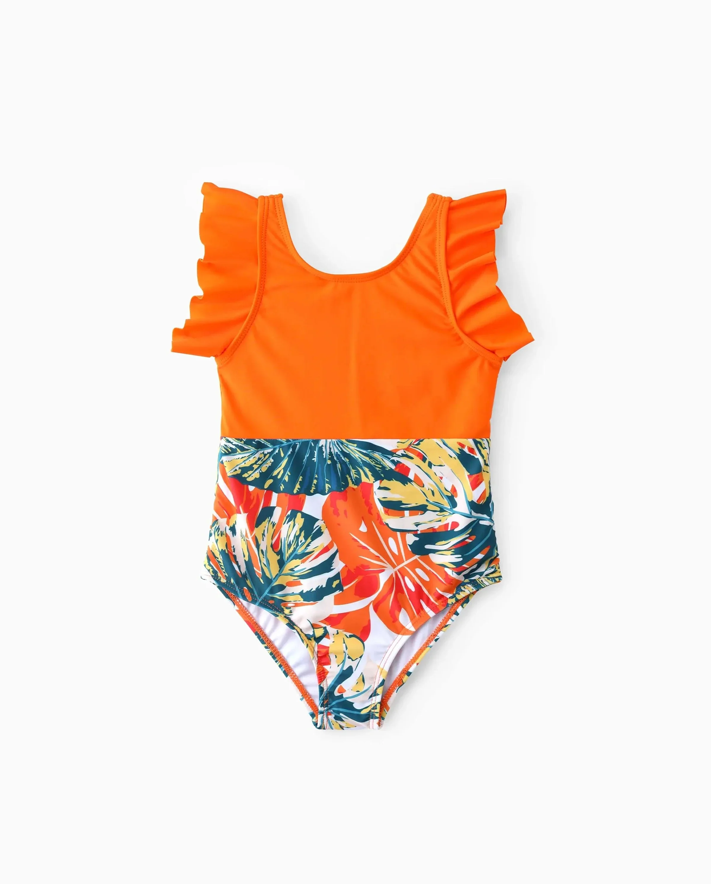Toddler Girl Orange and All Over Tropical Plant Print Splicing Ruffle One-Piece Swimsuit Orange color - Image 7