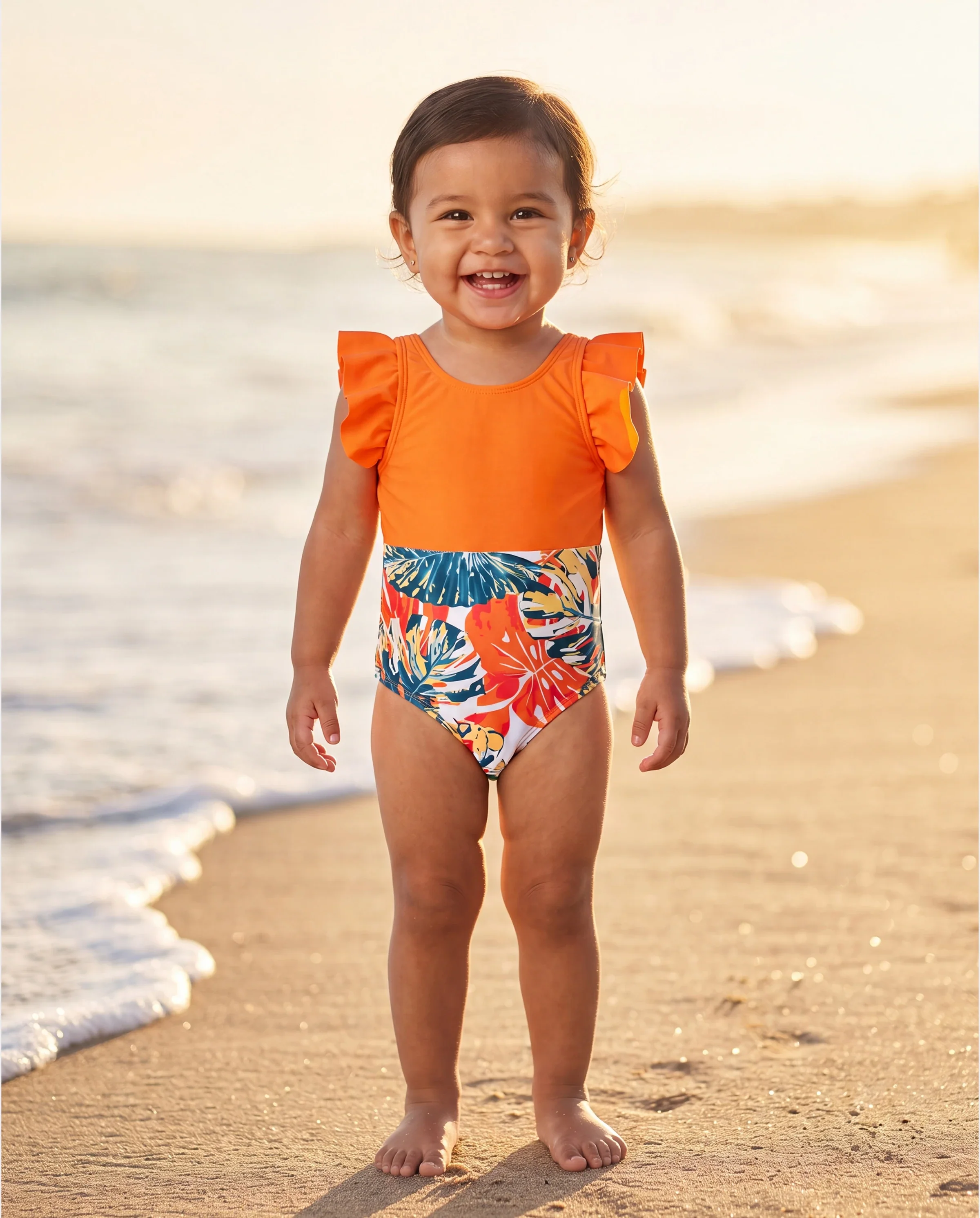 Toddler Girl Orange and All Over Tropical Plant Print Splicing Ruffle One-Piece Swimsuit Orange color - Image 8