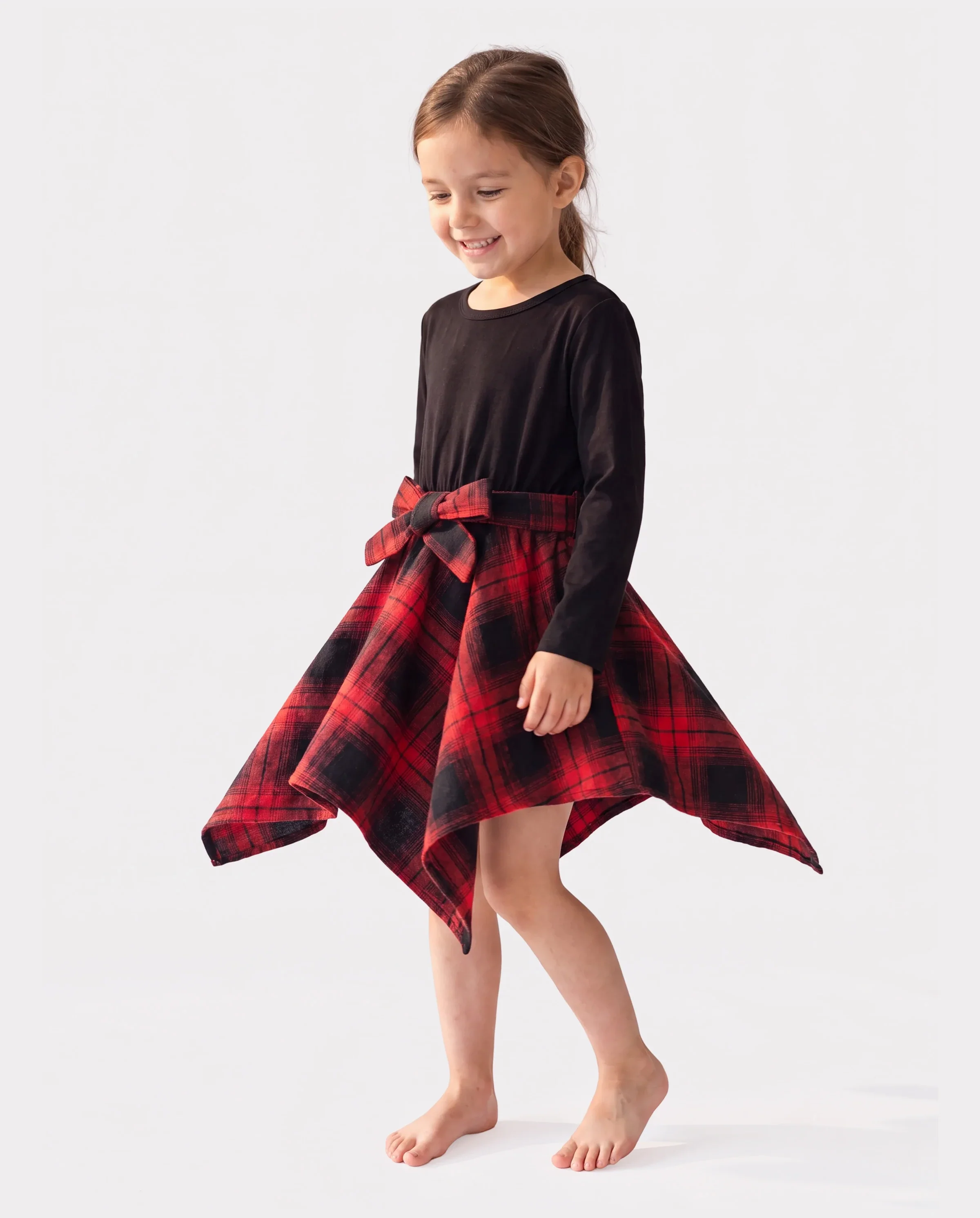 Toddler Girl Plaid Irregular Hem Splice Long-sleeve Dress Black