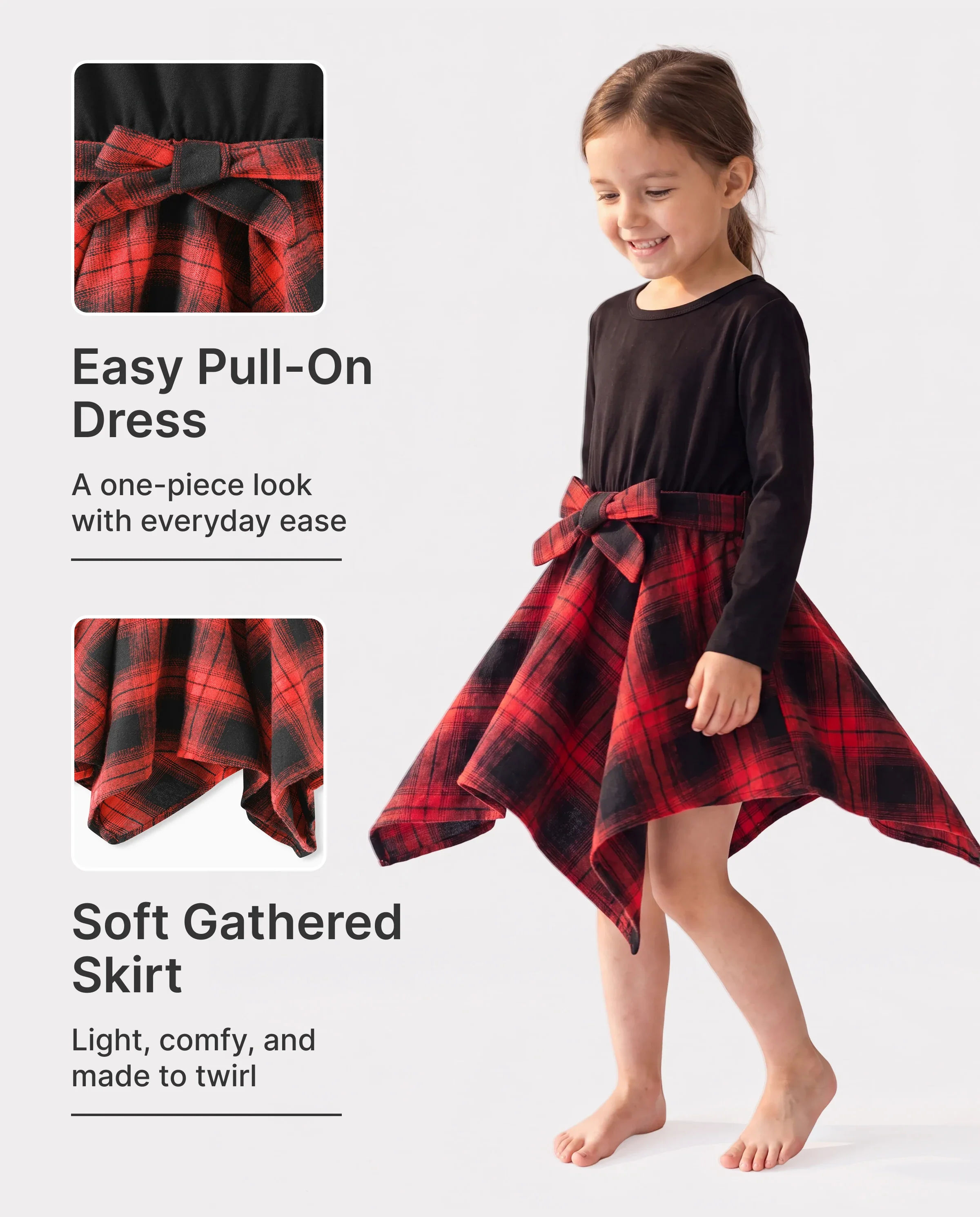 Toddler Girl Plaid Irregular Hem Splice Long-sleeve Dress Black - Image 2