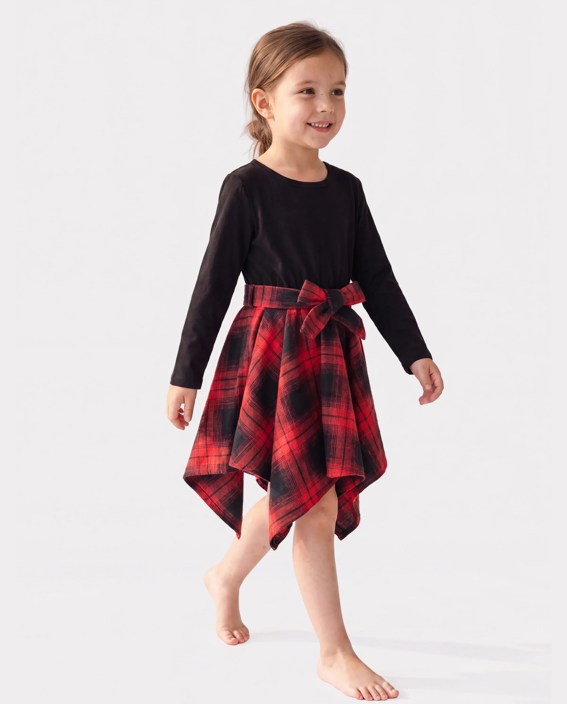 Toddler Girl Plaid Irregular Hem Splice Long-sleeve Dress Black - Image 3