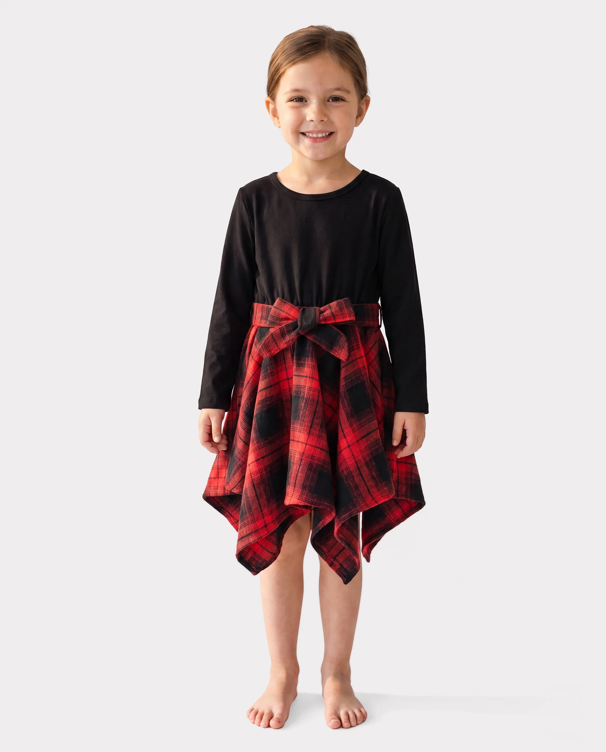 Toddler Girl Plaid Irregular Hem Splice Long-sleeve Dress Black - Image 4