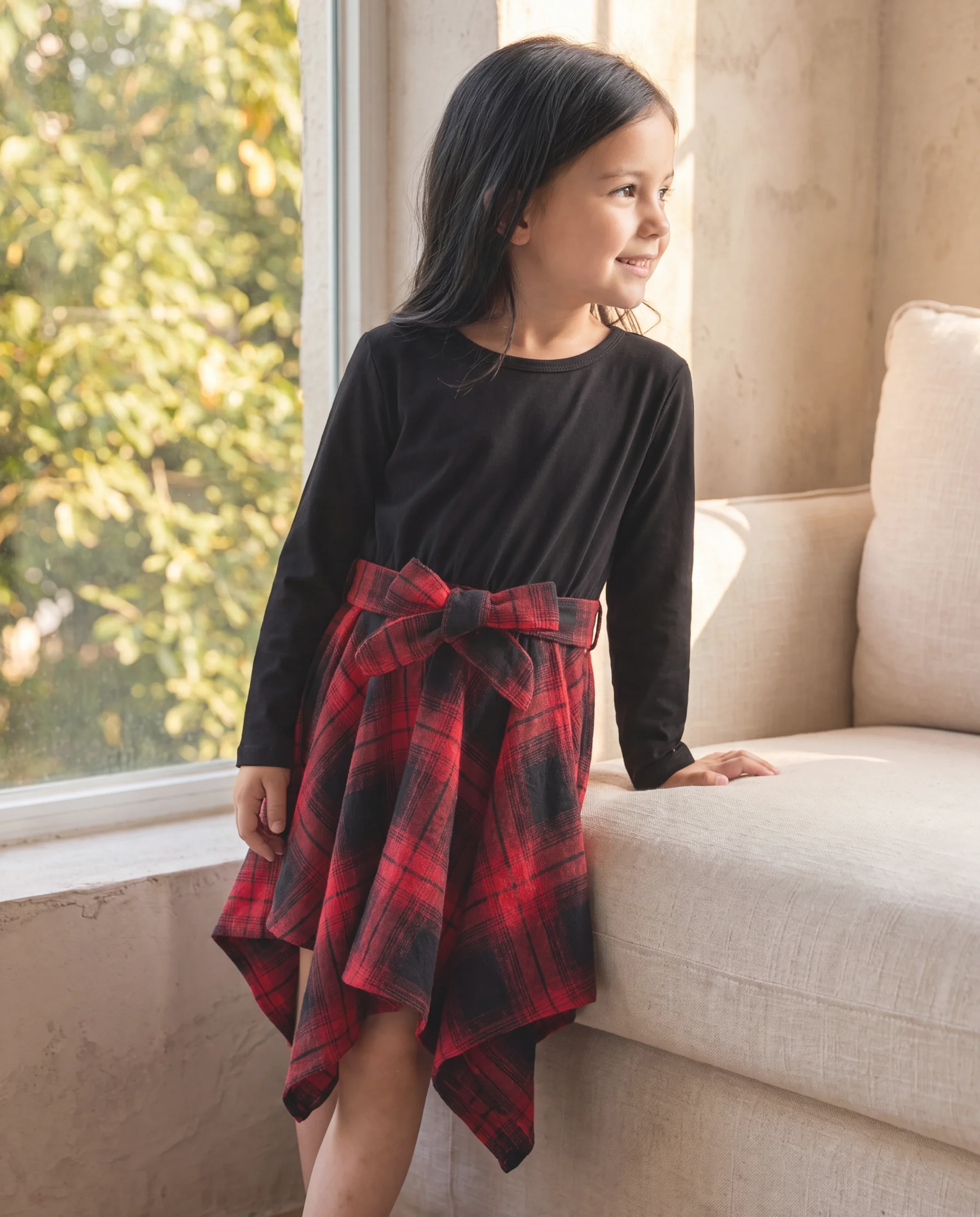 Toddler Girl Plaid Irregular Hem Splice Long-sleeve Dress Black - Image 7