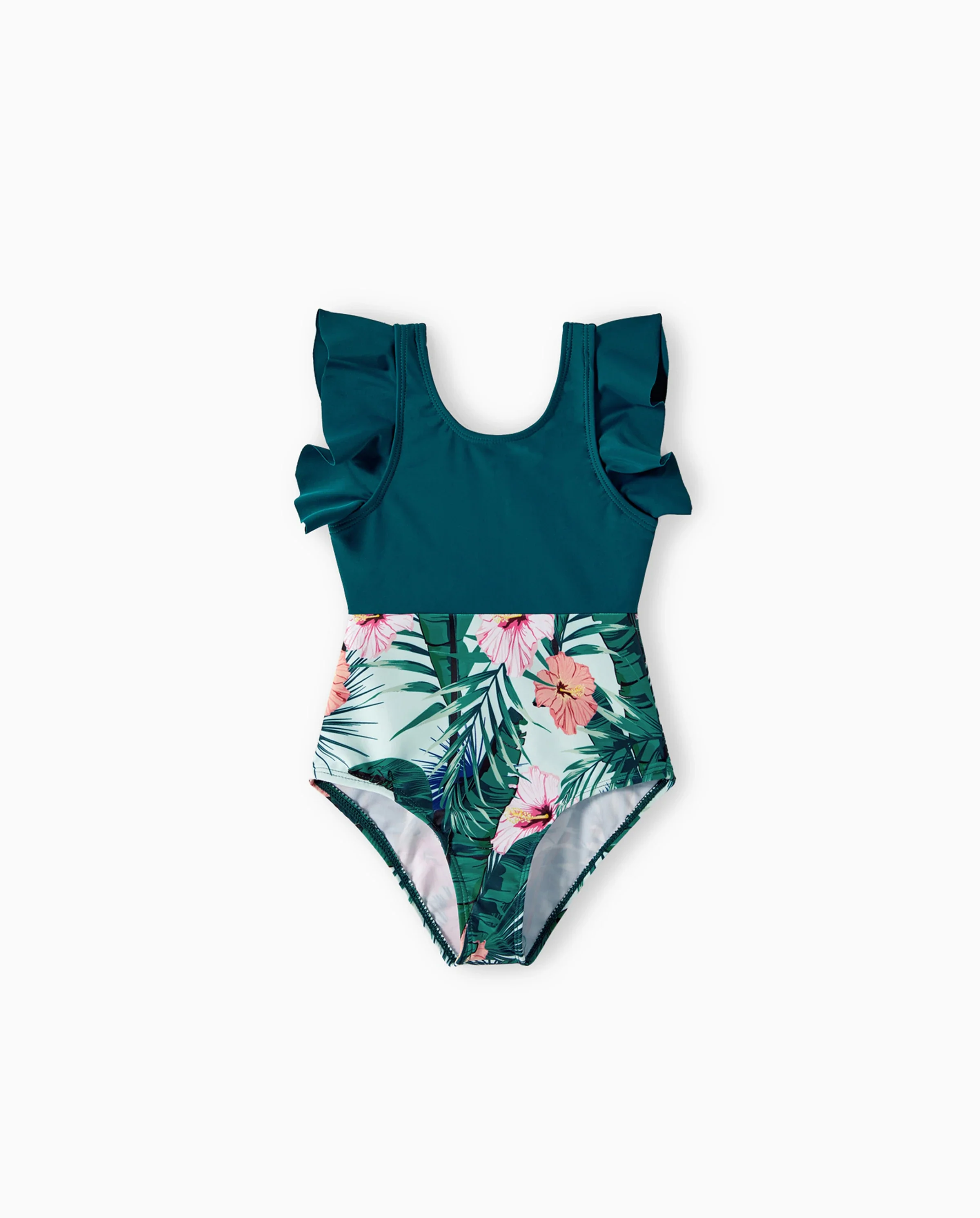 Toddler Girl Plant Print Ruffle Trim Spliced One-piece Swimsuit or Swim Trunks Green - Image 7