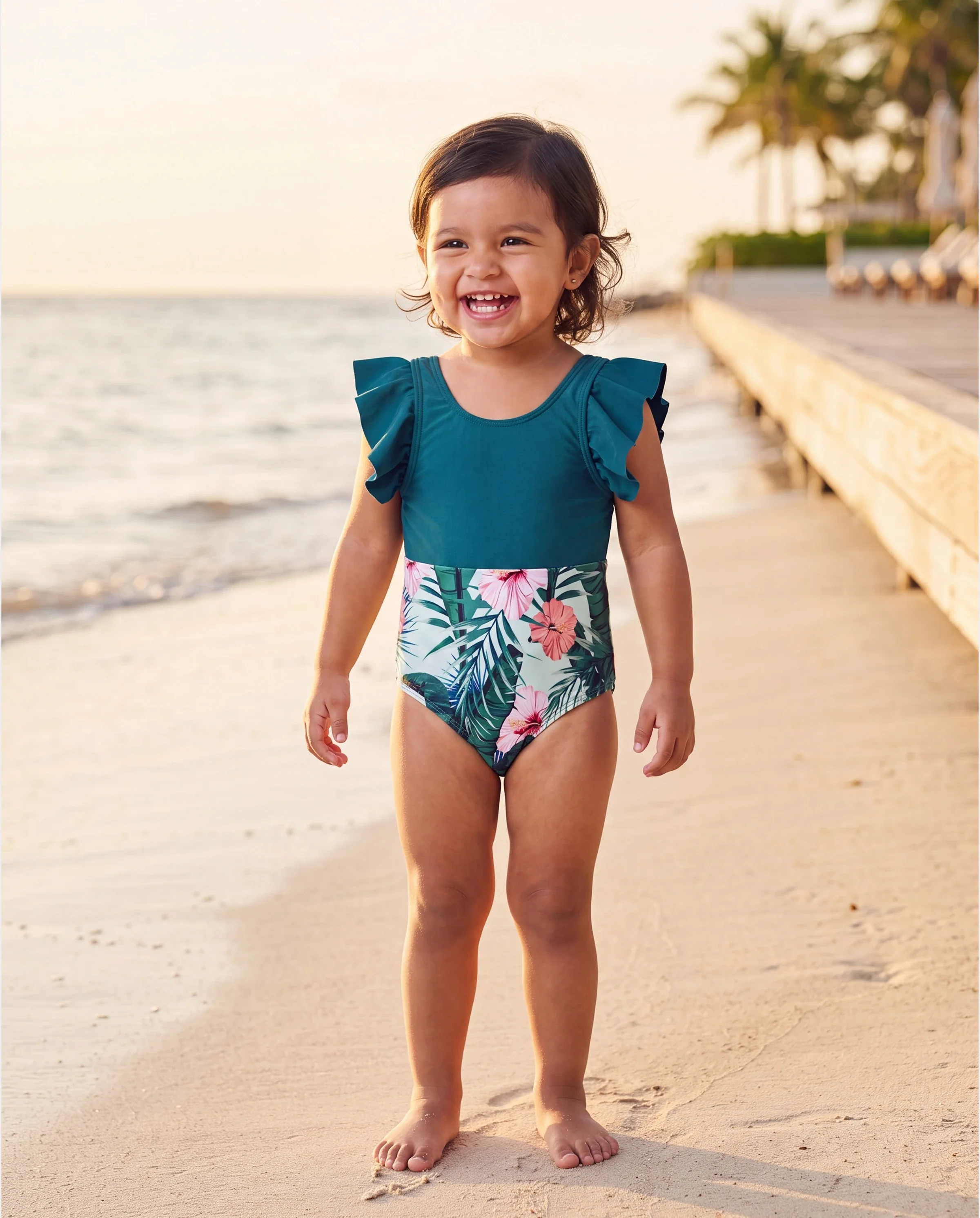Toddler Girl Plant Print Ruffle Trim Spliced One-piece Swimsuit or Swim Trunks Green - Image 8