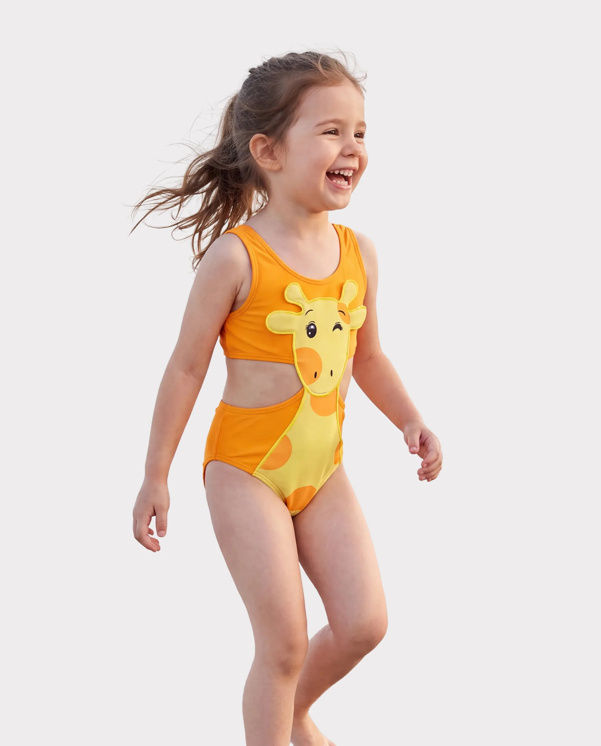Toddler Girl Playful Giraffe Design Sleeveless Onepiece Swimsuit Orange - Image 4