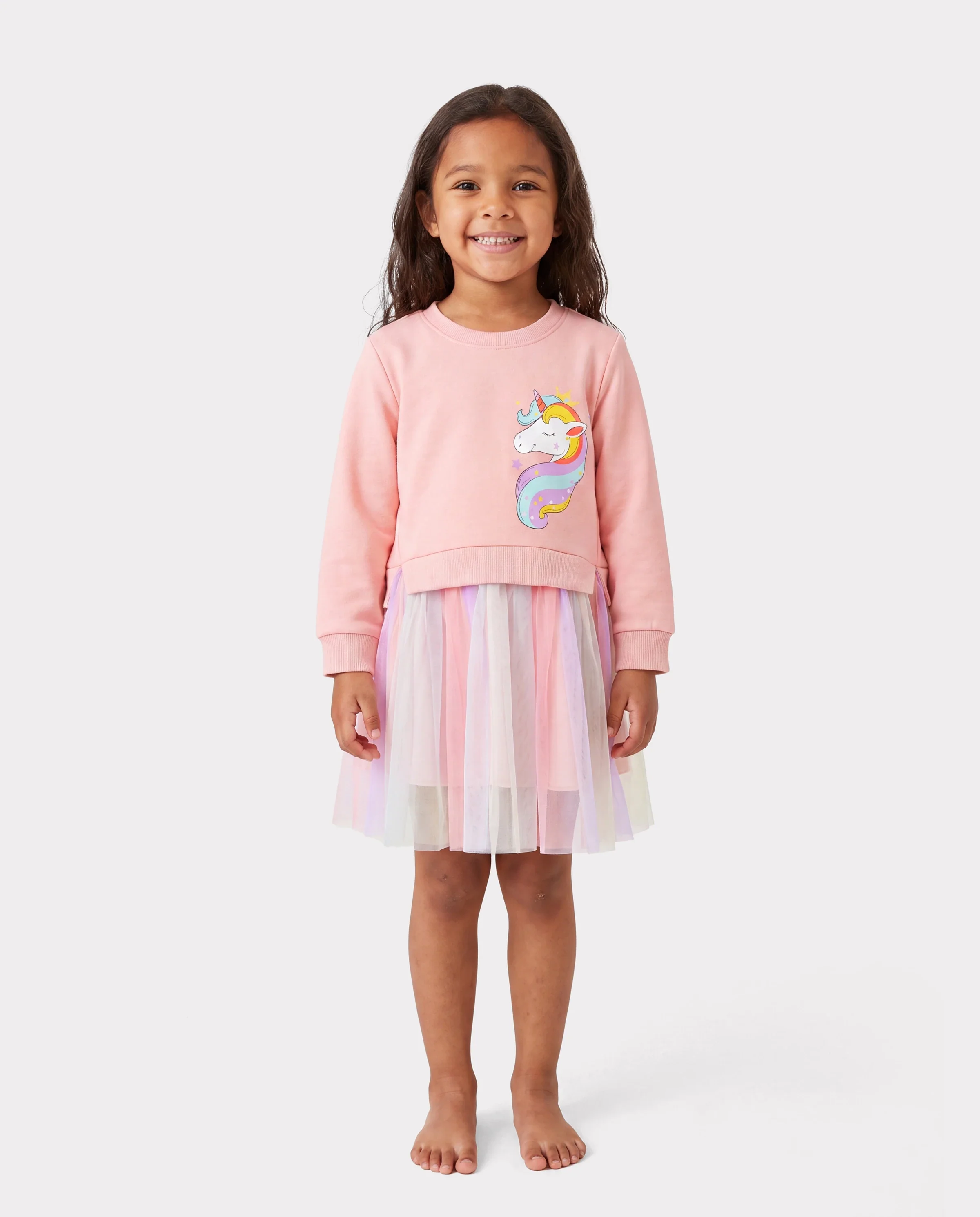 Toddler Girl Sweet Faux-two Unicorn Print Mesh Splice Fairy Dress Pink - Image 2