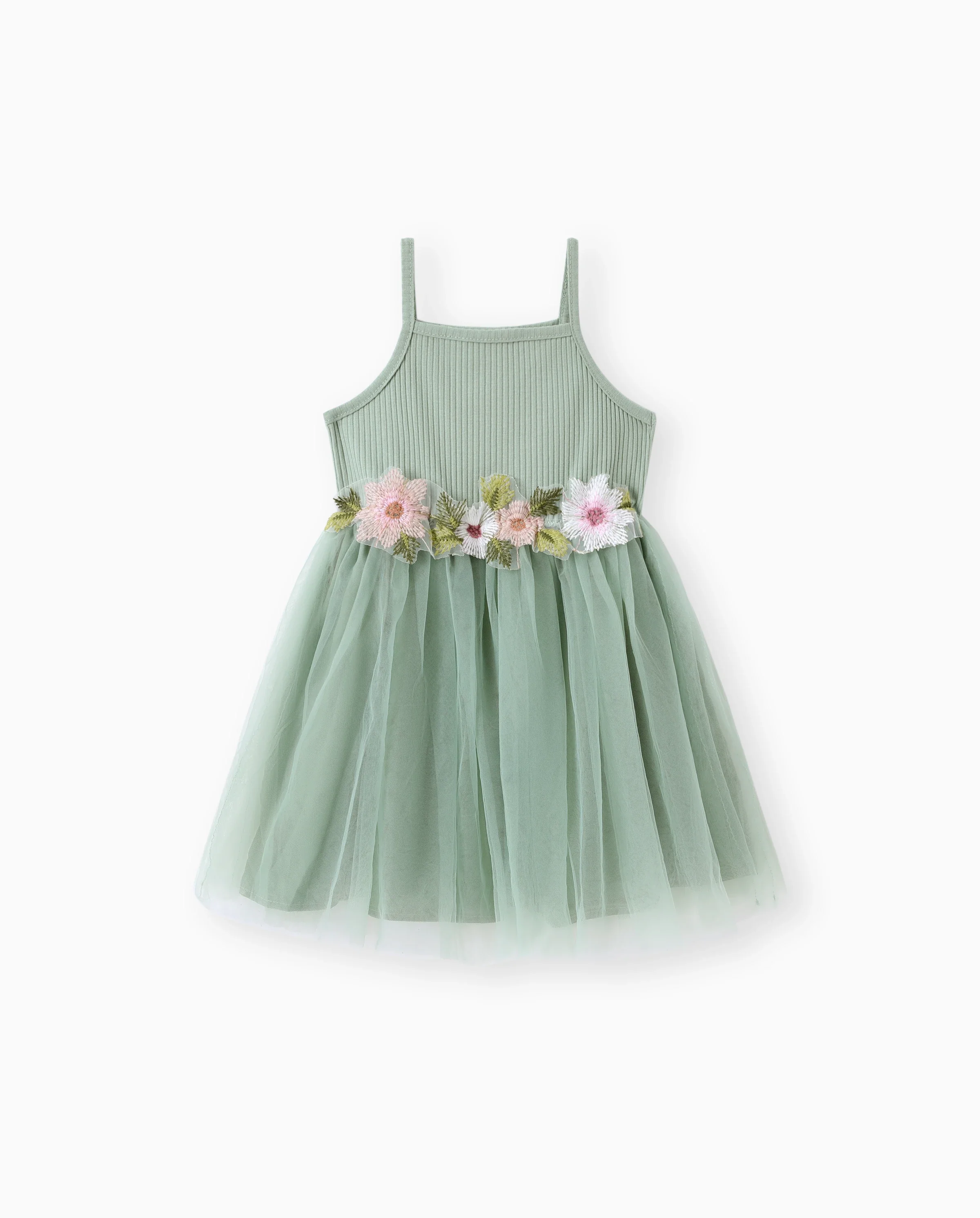 Toddler Girl Sweet Floral Decor Ribbed Panel Mesh Overlay Fairy Dress Green - Image 6