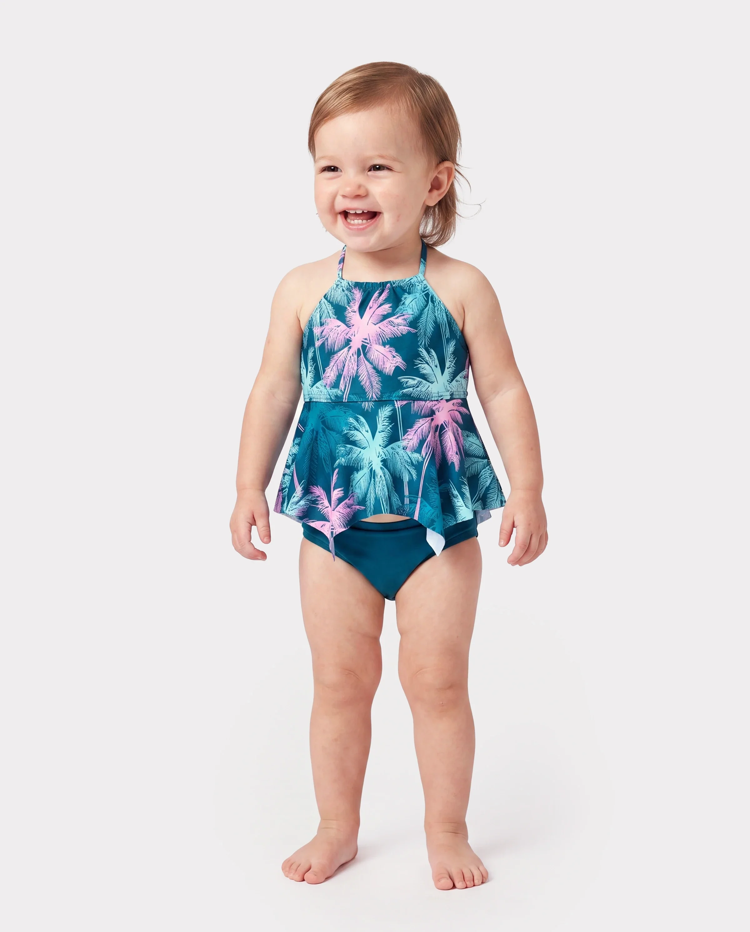 Toddler Girl Swimsuits Tropical Palm Tree Print Ruffle two-piece Swimsuit, Beach Vacation Swimwear Turquoise