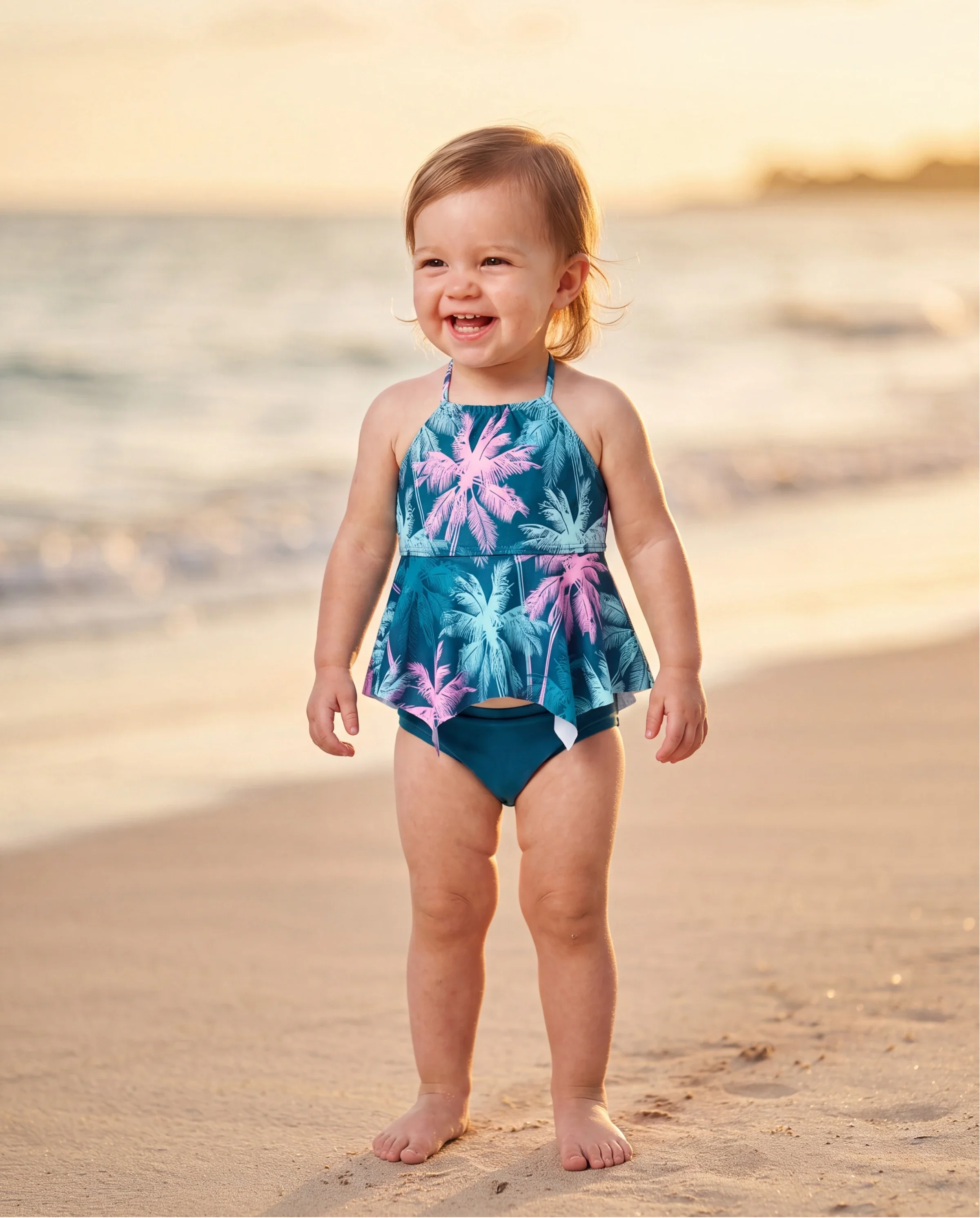 Toddler Girl Swimsuits Tropical Palm Tree Print Ruffle two-piece Swimsuit, Beach Vacation Swimwear Turquoise - Image 8