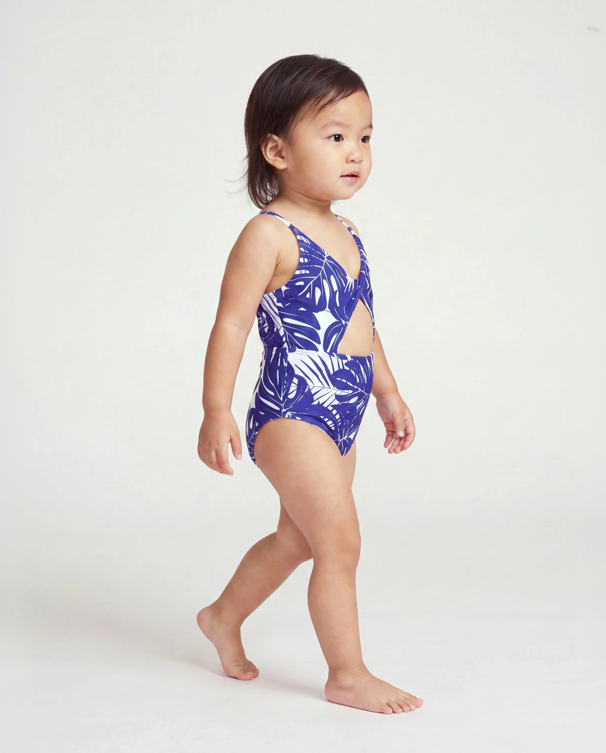 Toddler Girl Tropical Leaf Print Hollow-out Crisscross Straps One-piece Swimsuit Blue - Image 2