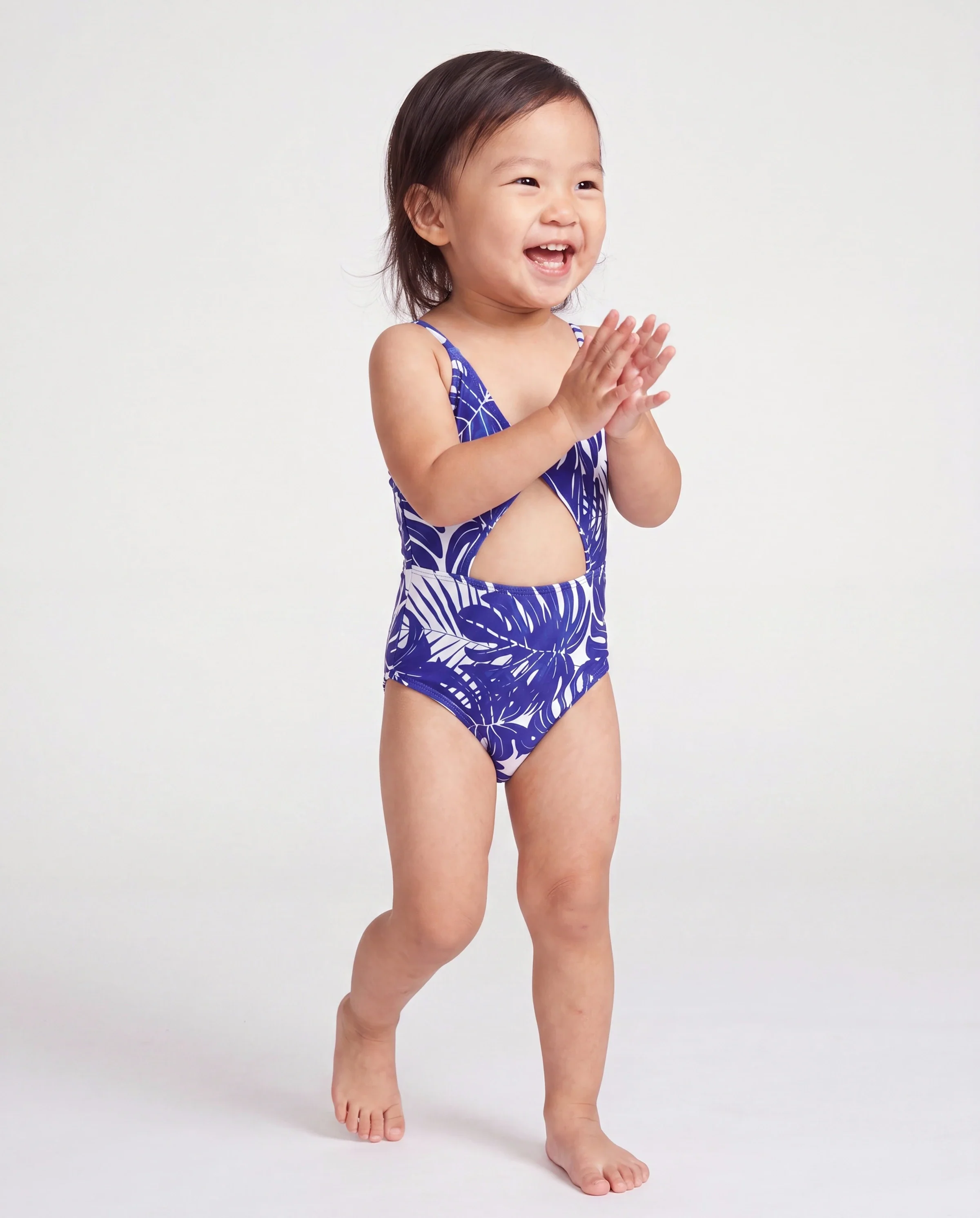 Toddler Girl Tropical Leaf Print Hollow-out Crisscross Straps One-piece Swimsuit Blue - Image 3