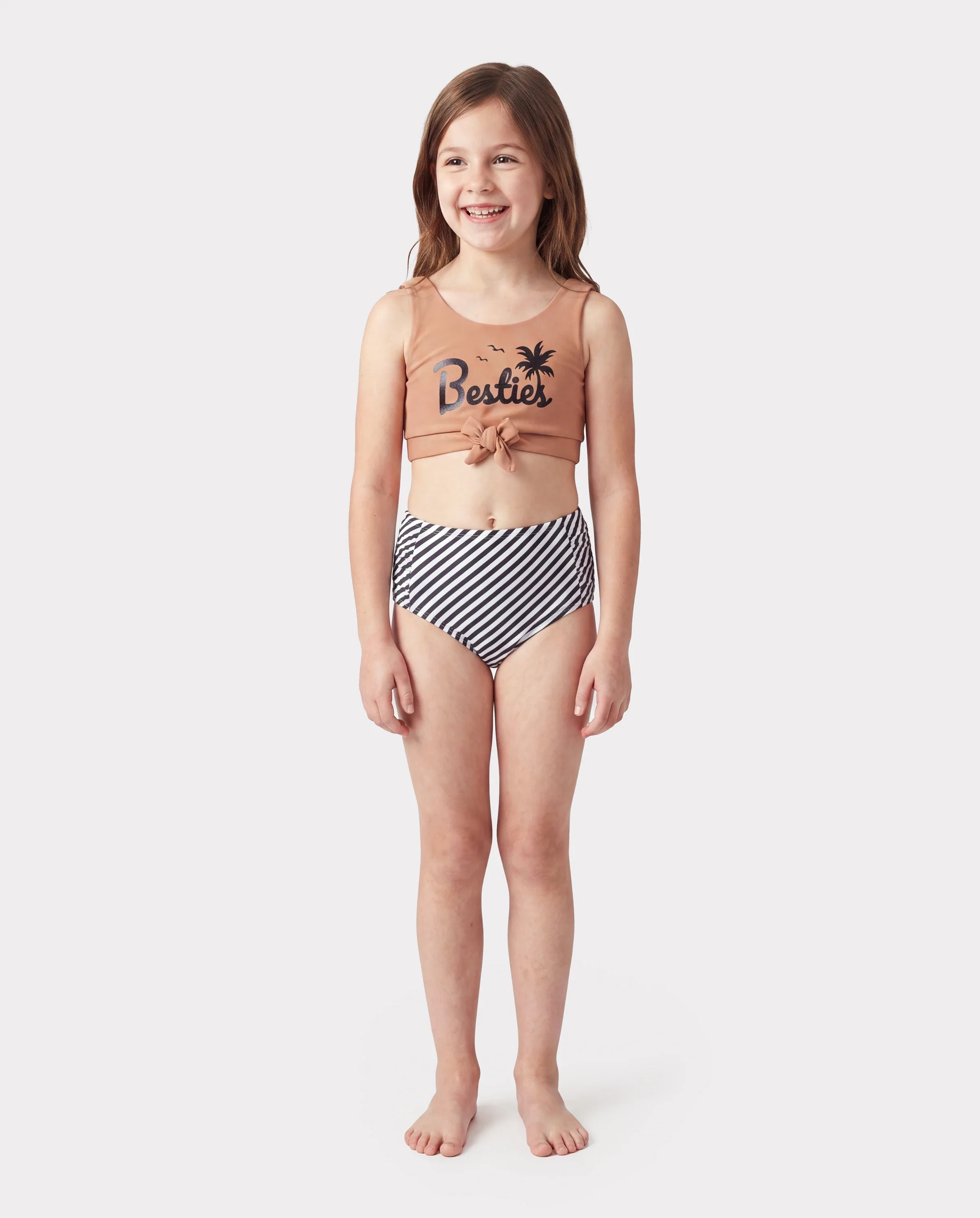 Toddler Girl Vertical Stripe Drawstring Besties Printed Crop Tank Bikini Khaki