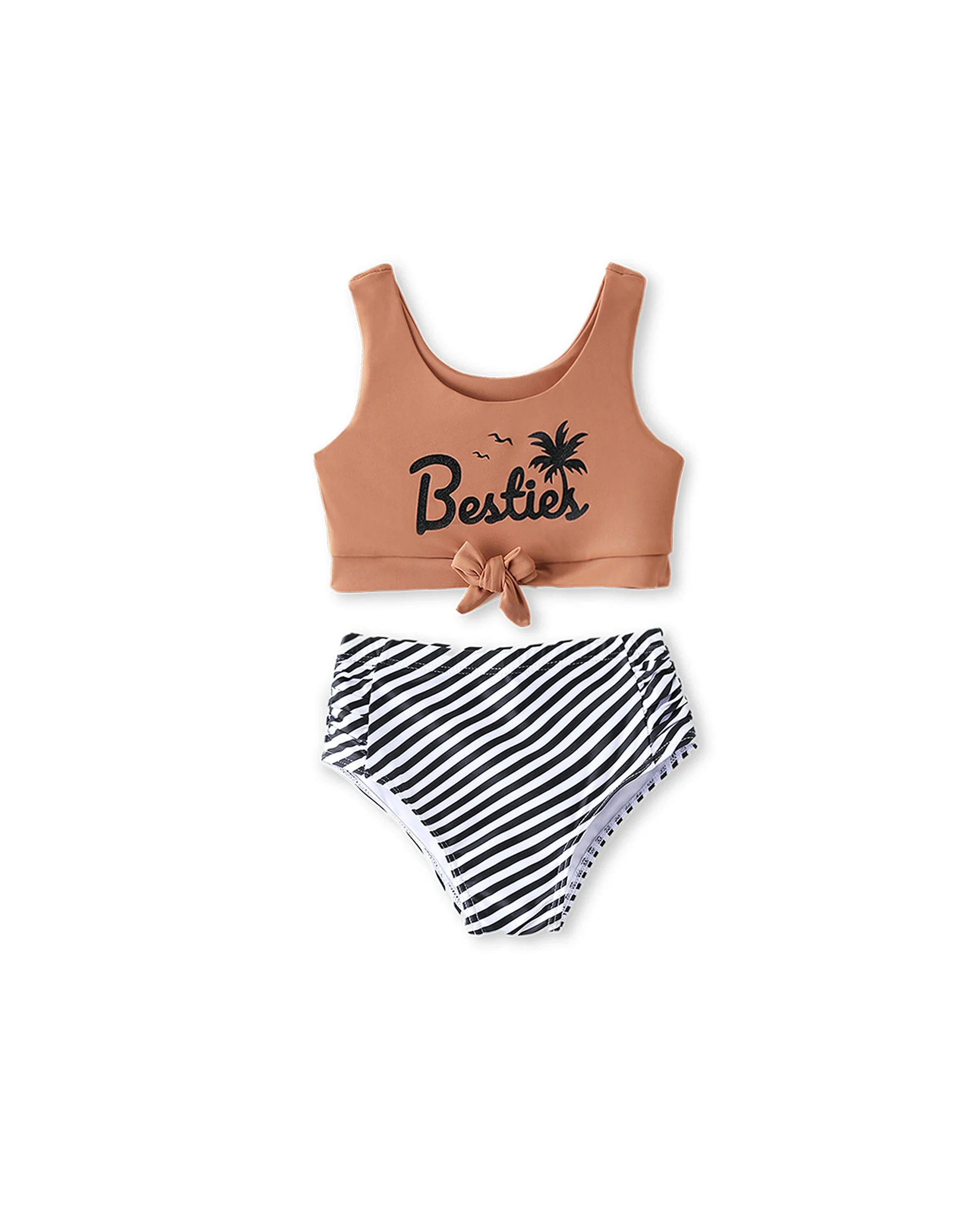 Toddler Girl Vertical Stripe Drawstring Besties Printed Crop Tank Bikini Khaki - Image 7