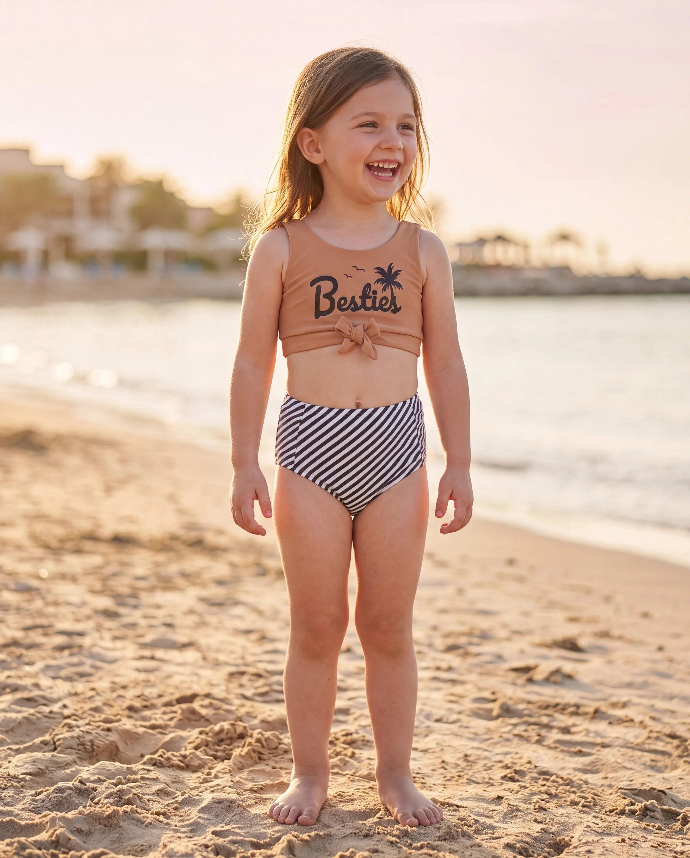 Toddler Girl Vertical Stripe Drawstring Besties Printed Crop Tank Bikini Khaki - Image 8