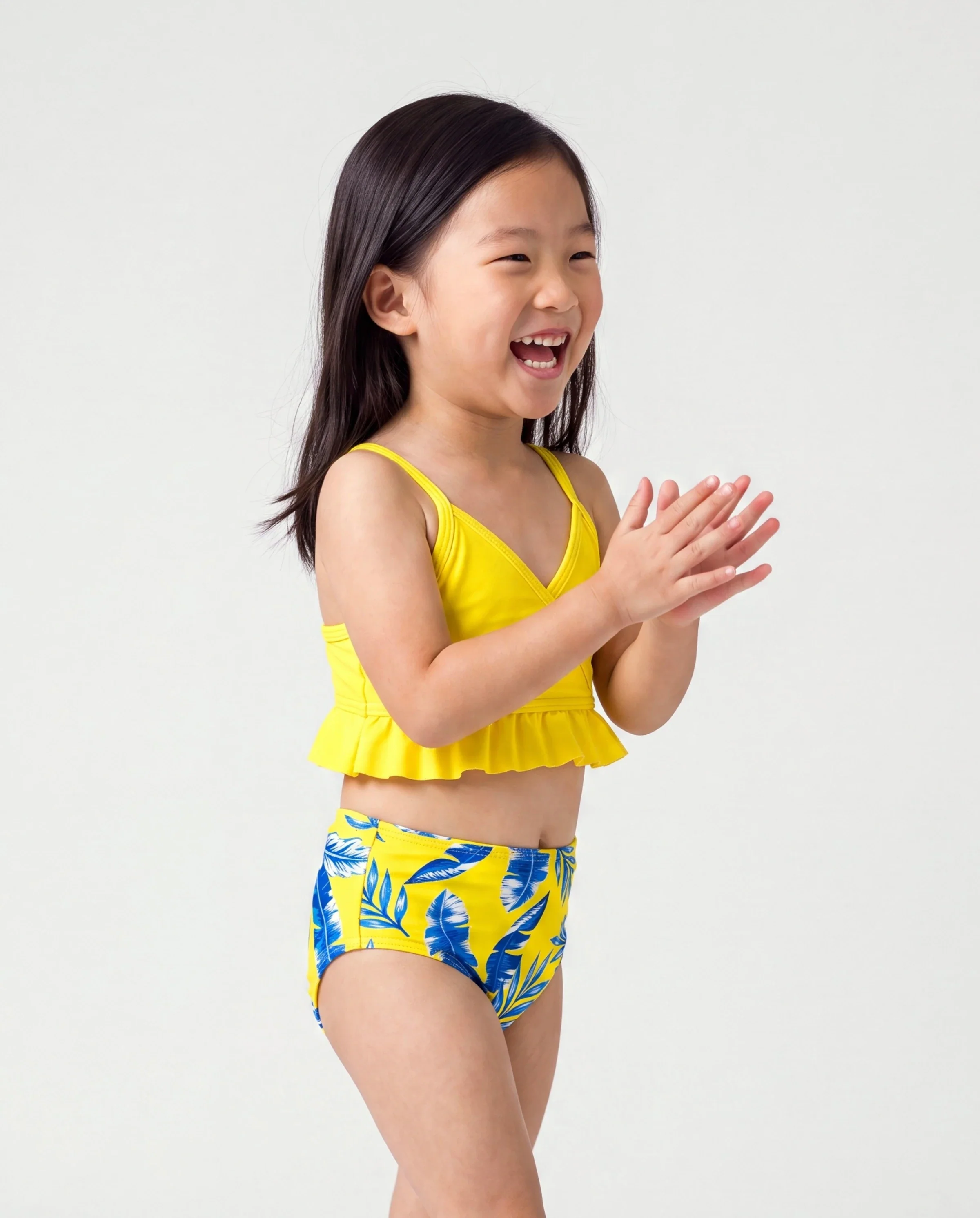 Toddler Girl Yellow Leaf Print Ruched Flutter Sleeve Bikini Yellow - Image 2