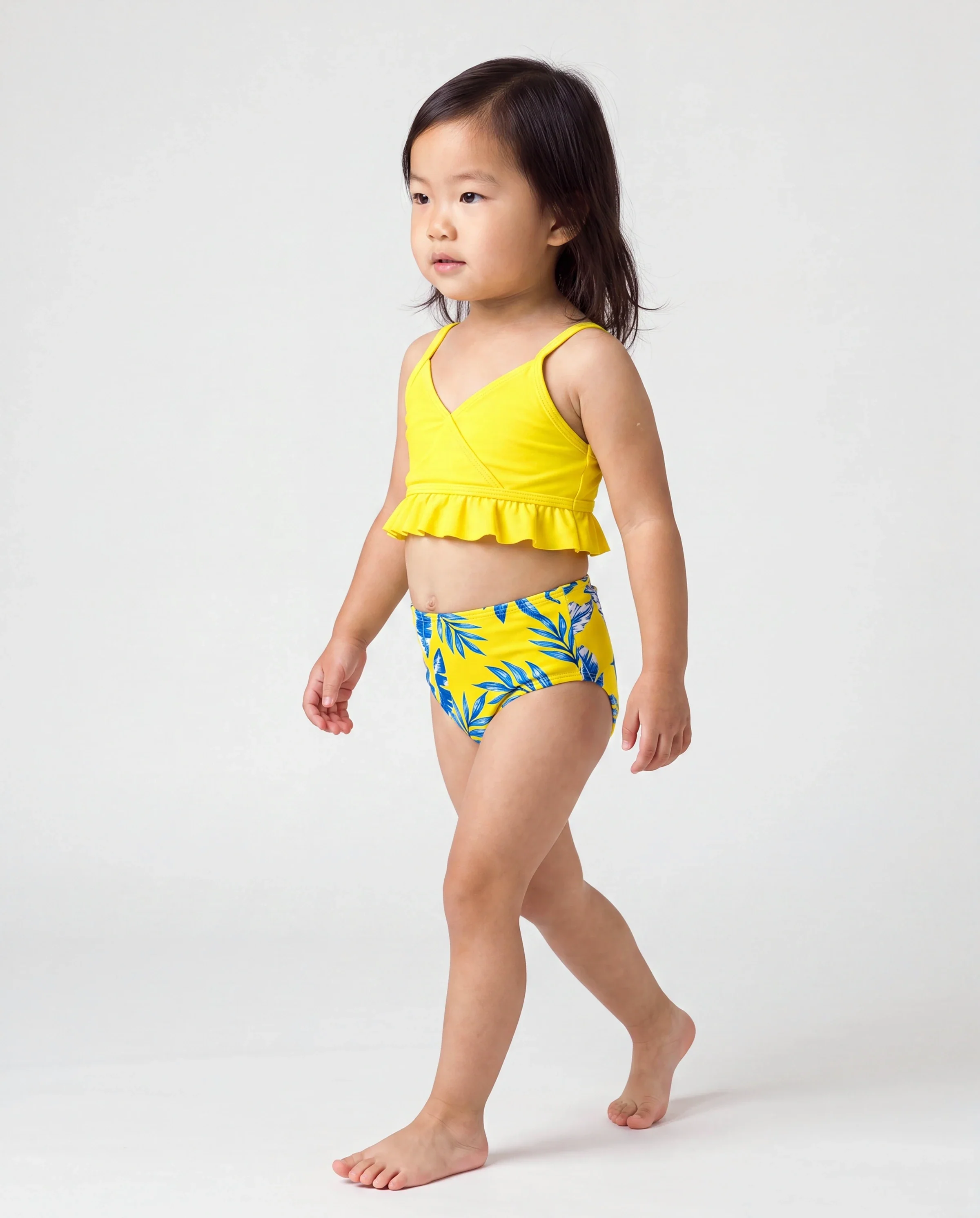 Toddler Girl Yellow Leaf Print Ruched Flutter Sleeve Bikini Yellow - Image 3