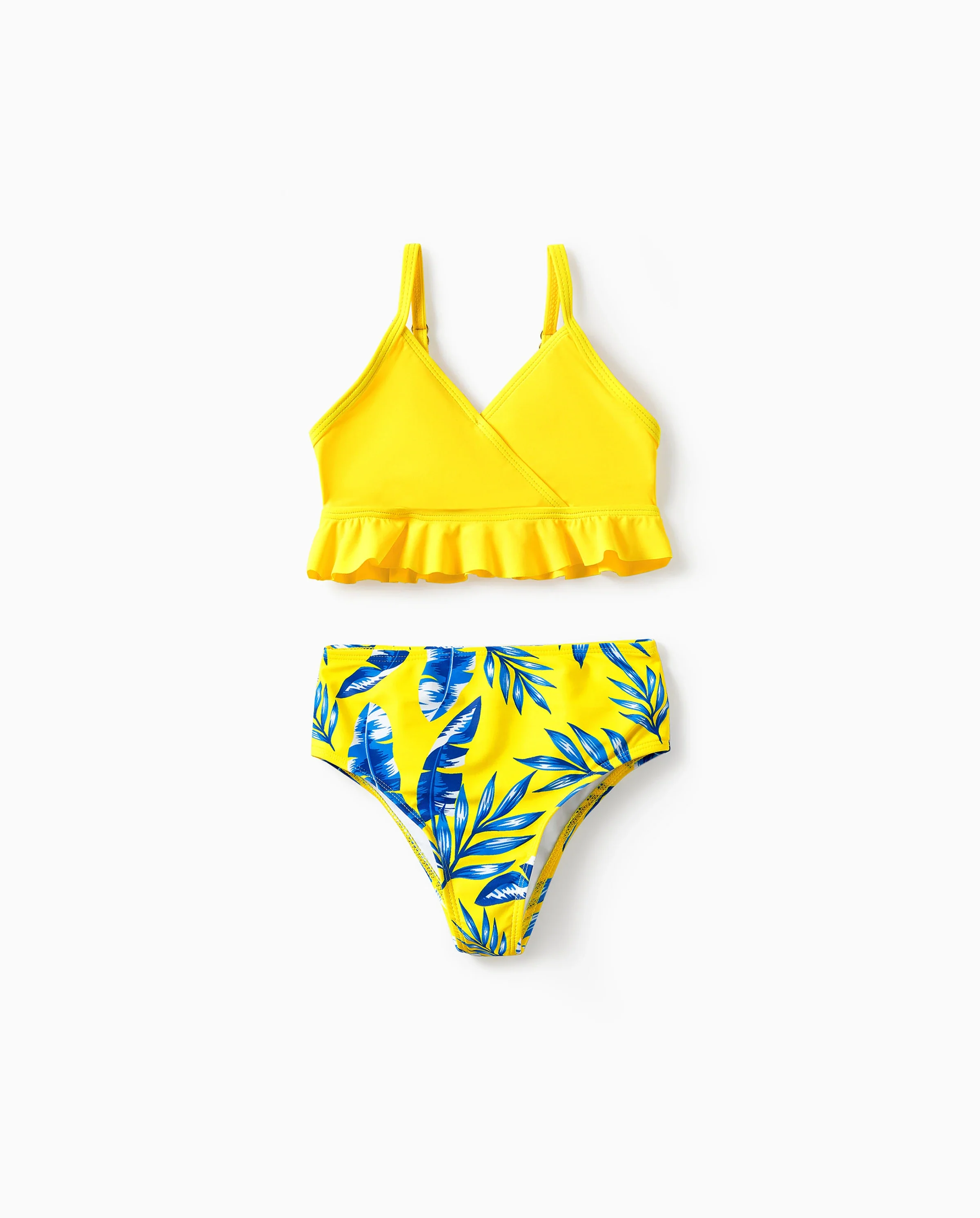 Toddler Girl Yellow Leaf Print Ruched Flutter Sleeve Bikini Yellow - Image 7