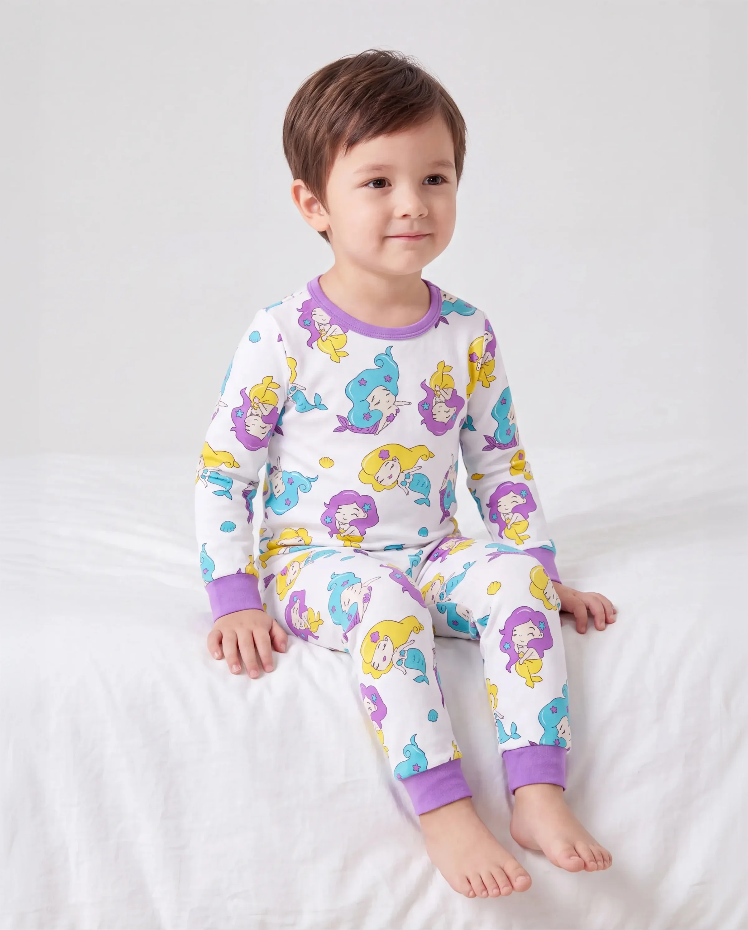 Toddler / Kids 2-piece Organic Cotton Pajamas with Childlike Print Snug fit Pjs for Girls / Boys White - Image 3