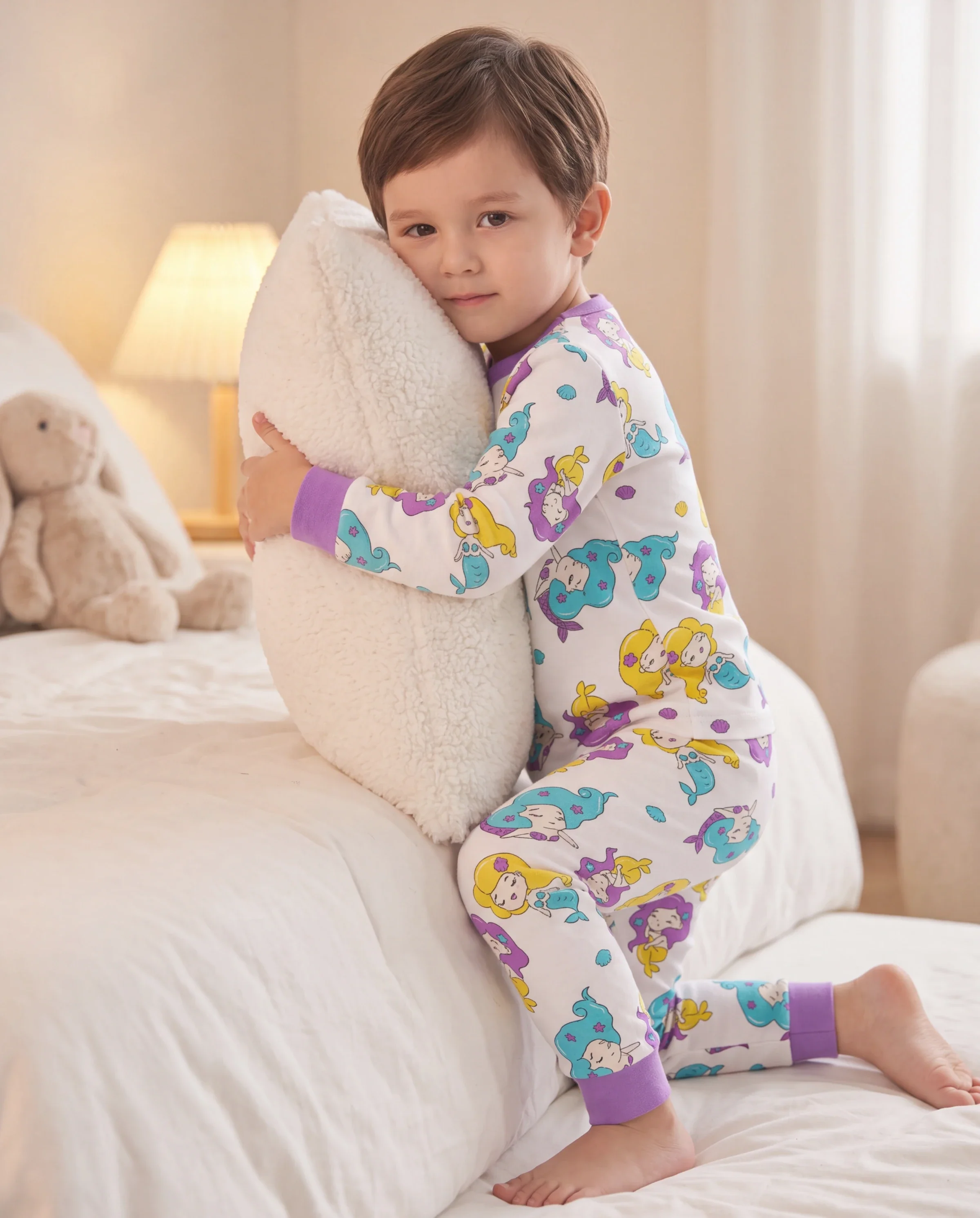 Toddler / Kids 2-piece Organic Cotton Pajamas with Childlike Print Snug fit Pjs for Girls / Boys White - Image 7