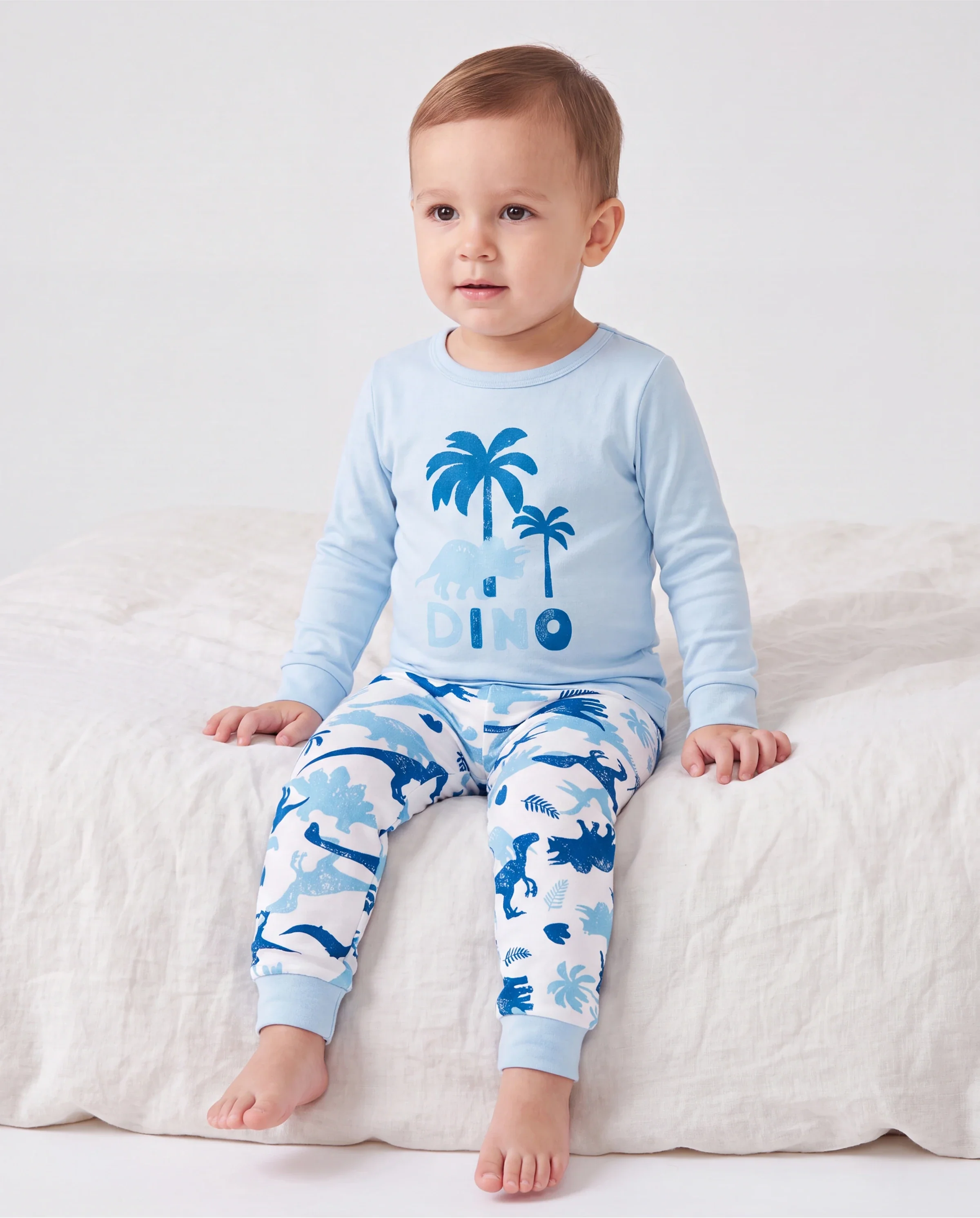 Toddler / Kids 4-piece Organic Cotton Pajamas 4-in 1 PJ Snug fit Pjs for Girls / Boys Light Blue - Image 3