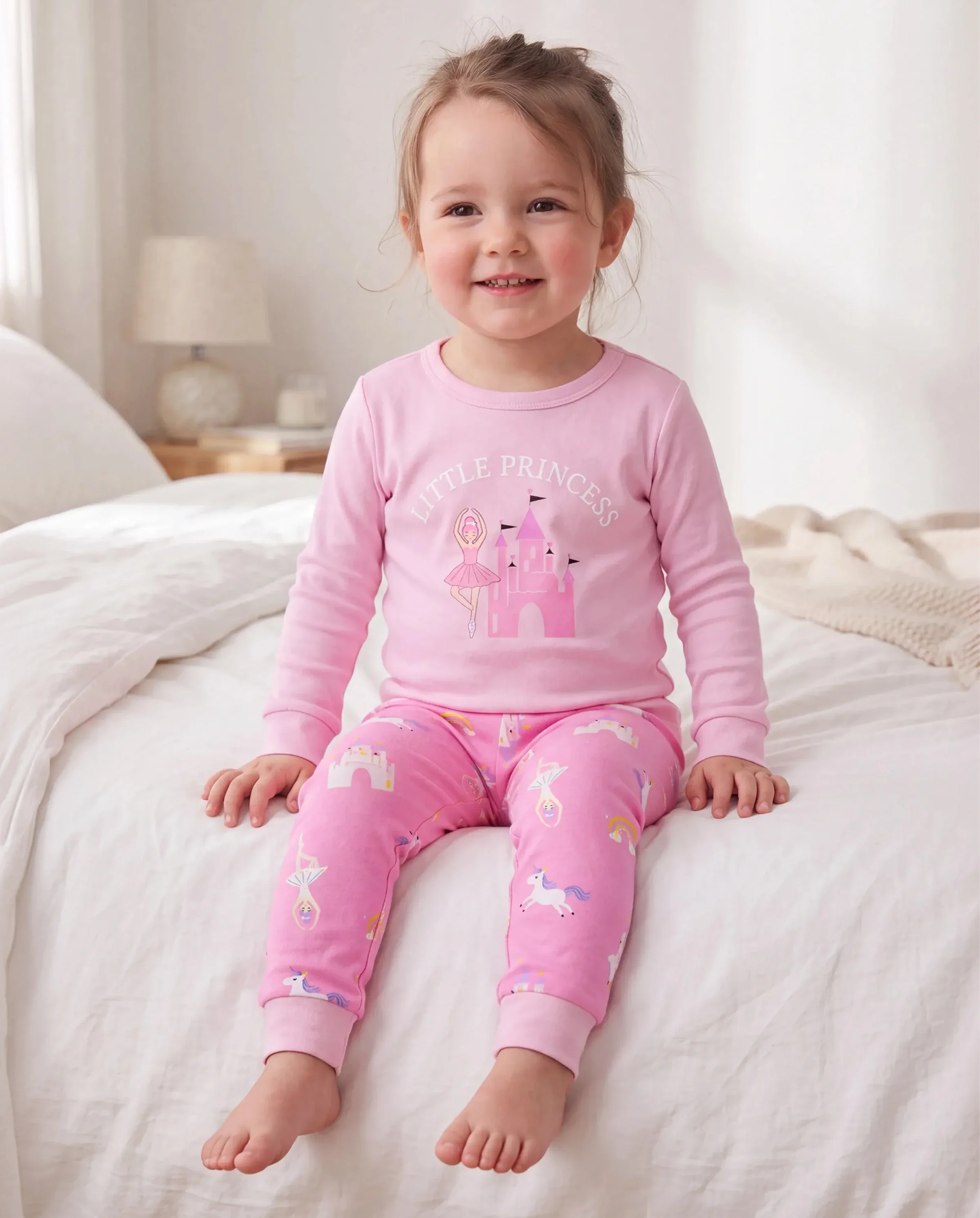 Toddler / Kids 4-piece Organic Cotton Pajamas 4-in 1 Snug fit PaJama Set for Girls Pink - Image 4