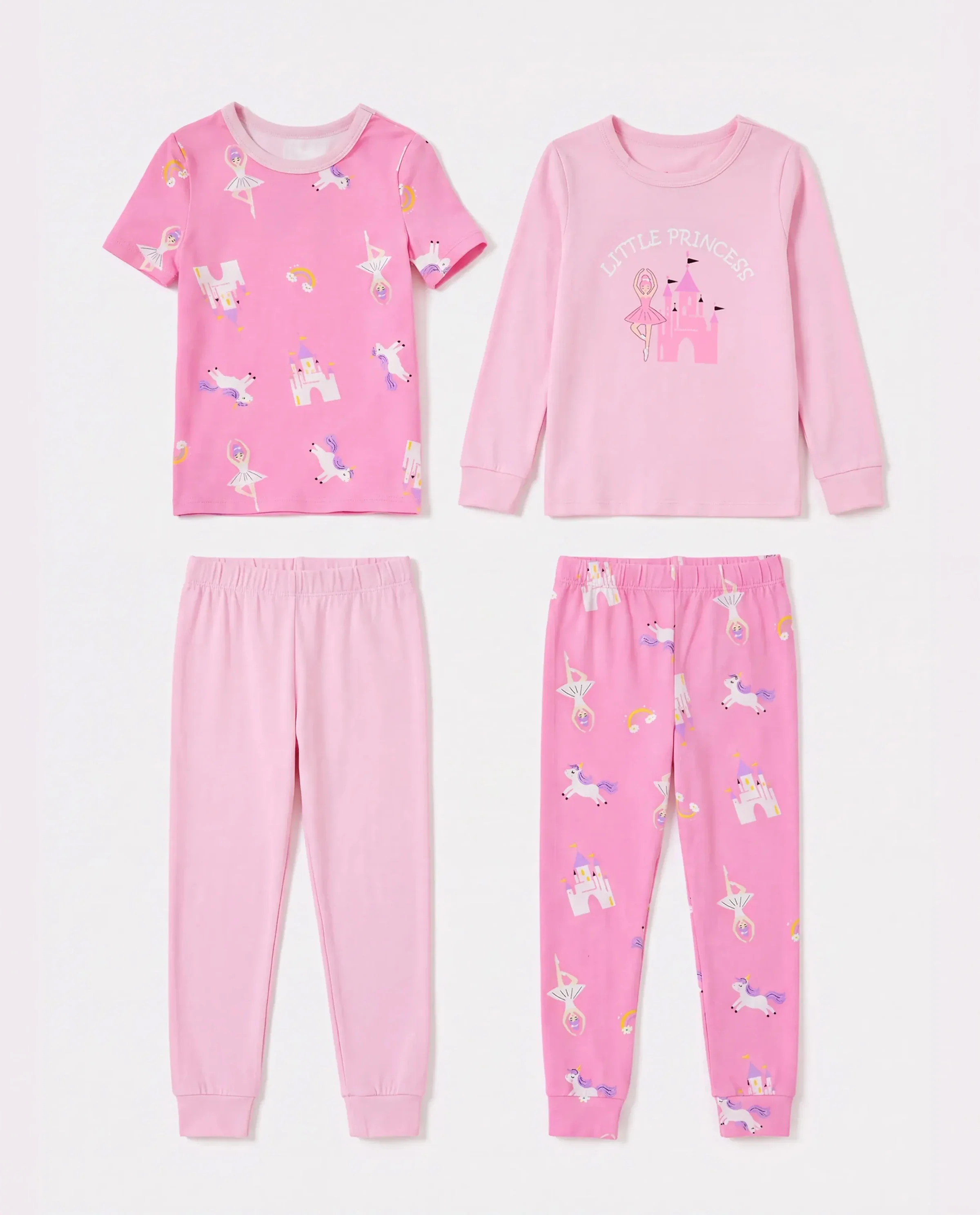 Toddler / Kids 4-piece Organic Cotton Pajamas 4-in 1 Snug fit PaJama Set for Girls Pink - Image 8