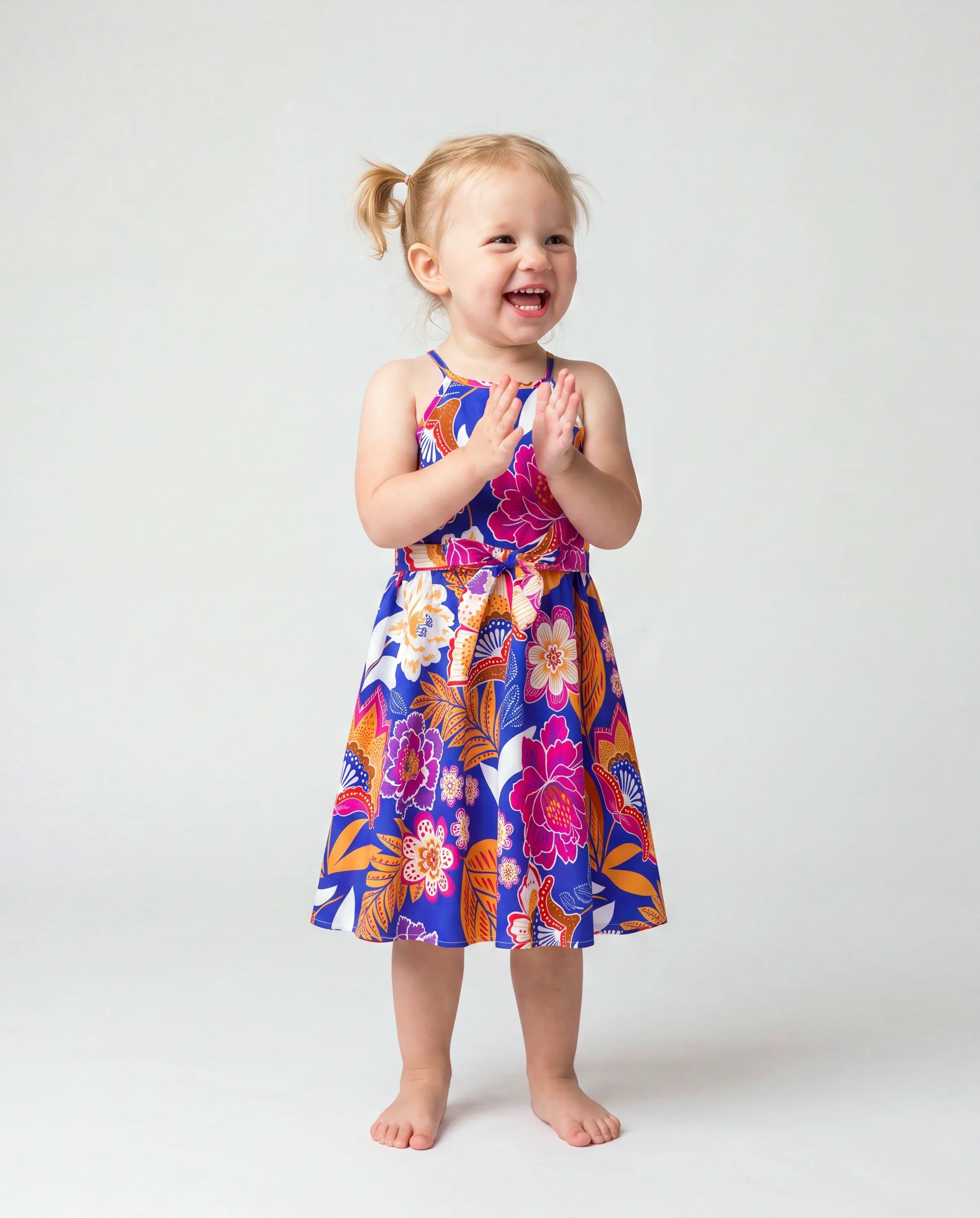 Toddler/Kid Girl Hawaiian Outfits Tropical Floral Print Vacation Clothes Strap Belted Dress Summer Beachwear Set Navy - Image 2