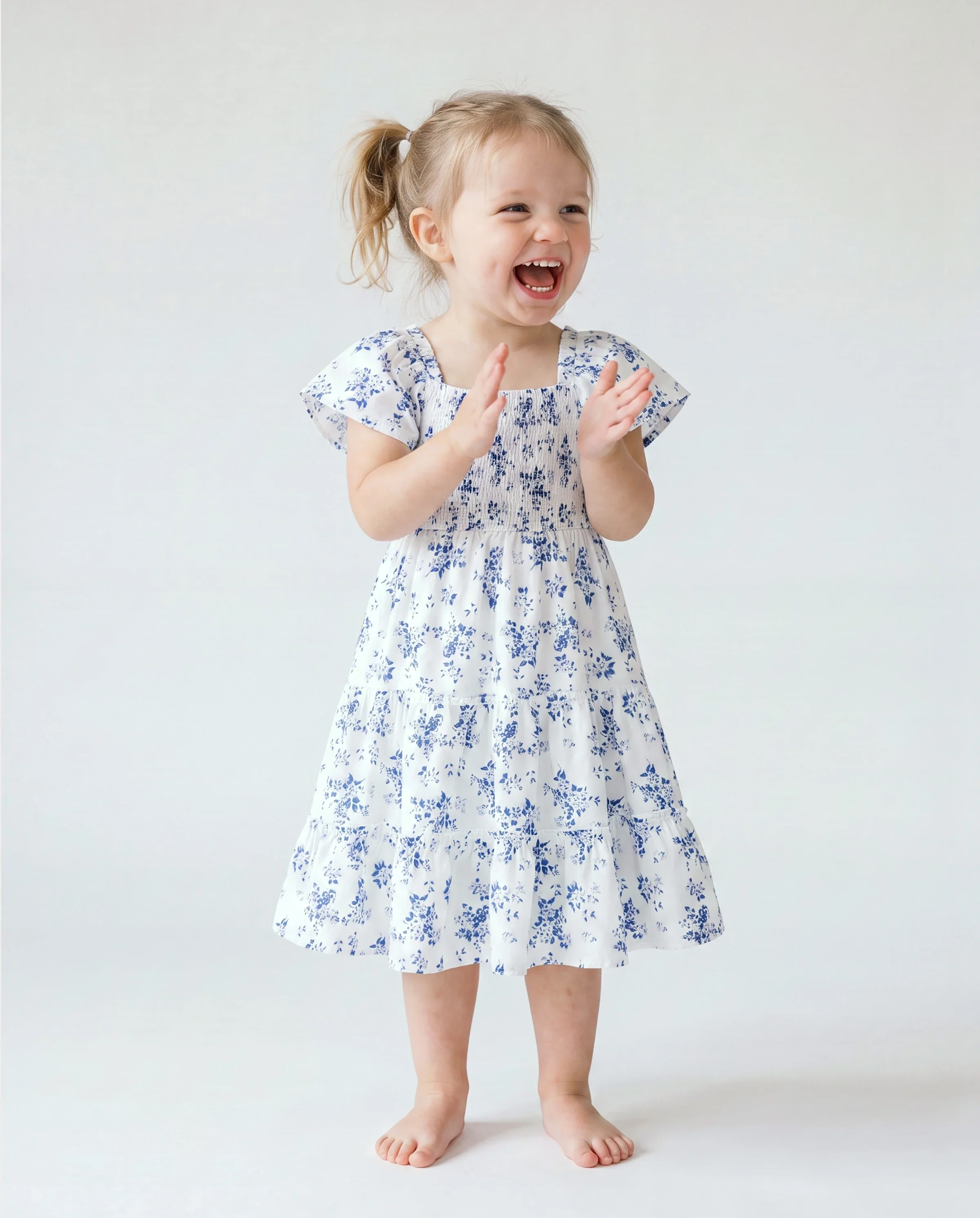 Toddler/Kid Girl Floral Smocking Shirred Casual Dress BLUEWHITE - Image 2