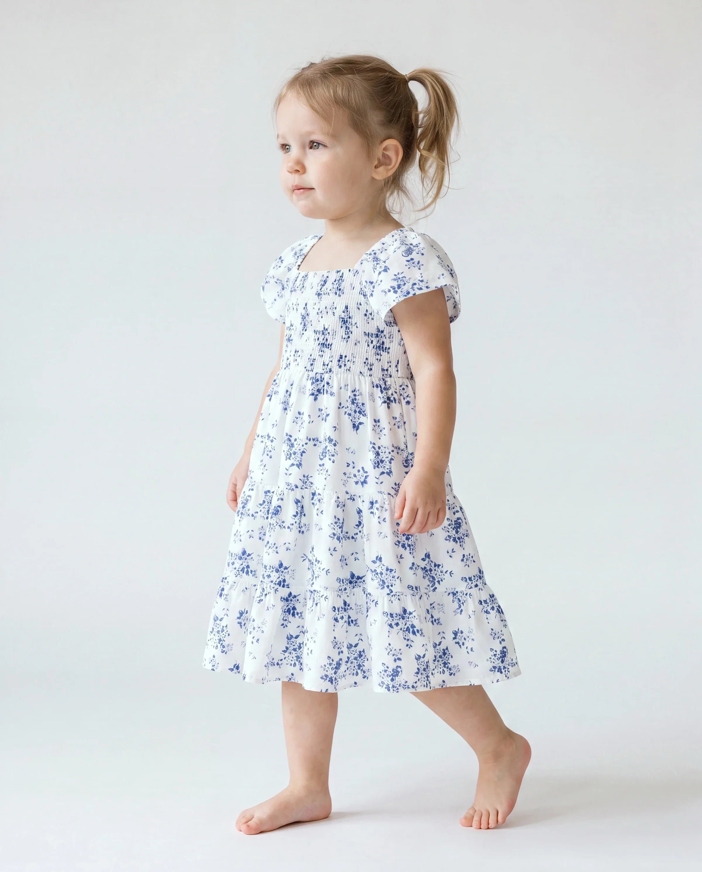 Toddler/Kid Girl Floral Smocking Shirred Casual Dress BLUEWHITE - Image 3