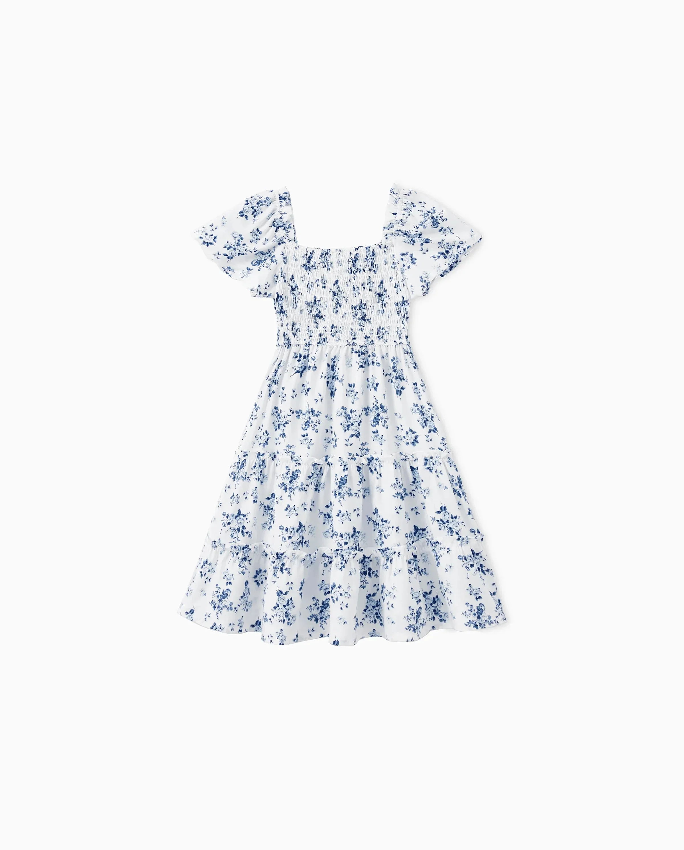Toddler/Kid Girl Floral Smocking Shirred Casual Dress BLUEWHITE - Image 7