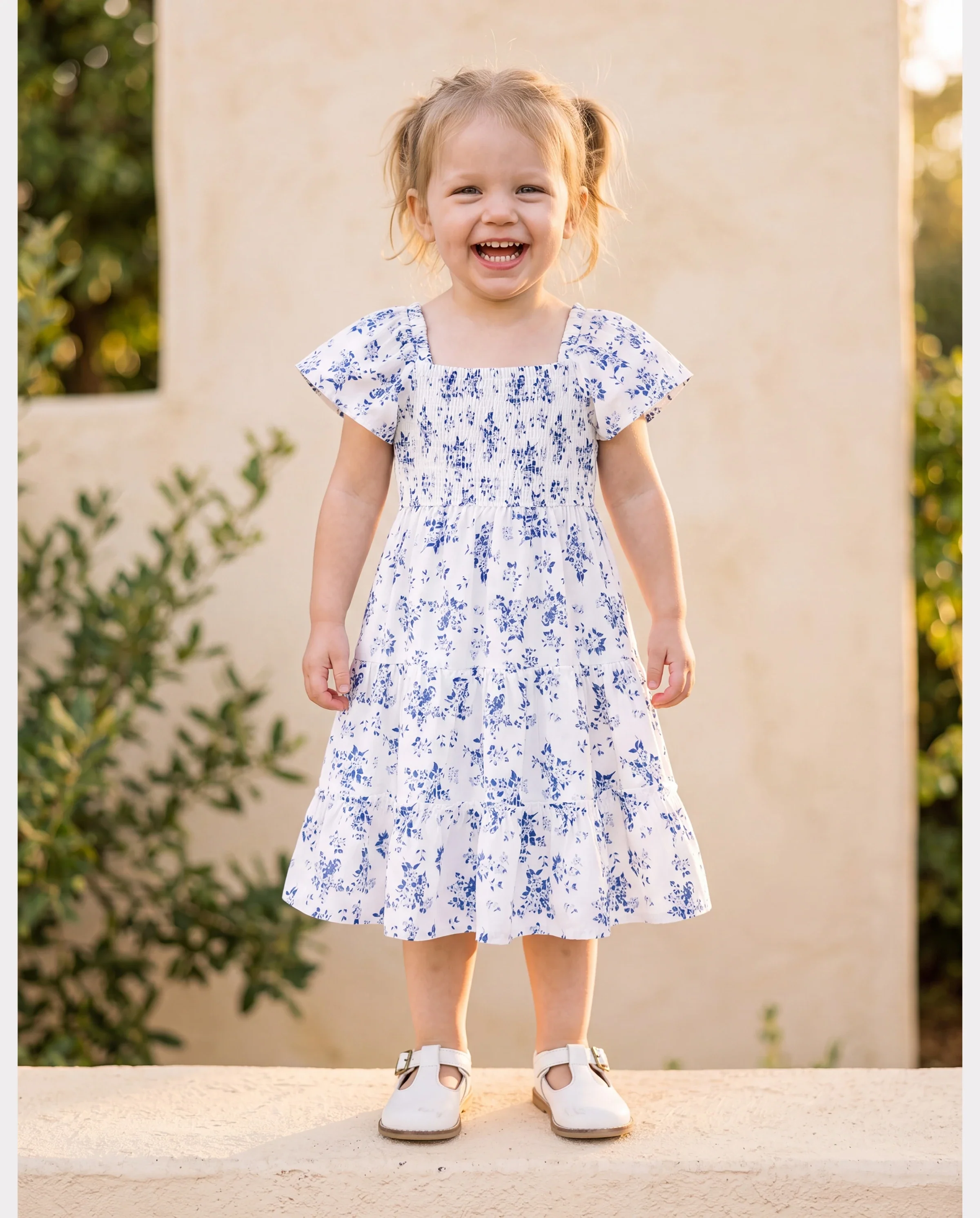 Toddler/Kid Girl Floral Smocking Shirred Casual Dress BLUEWHITE - Image 8