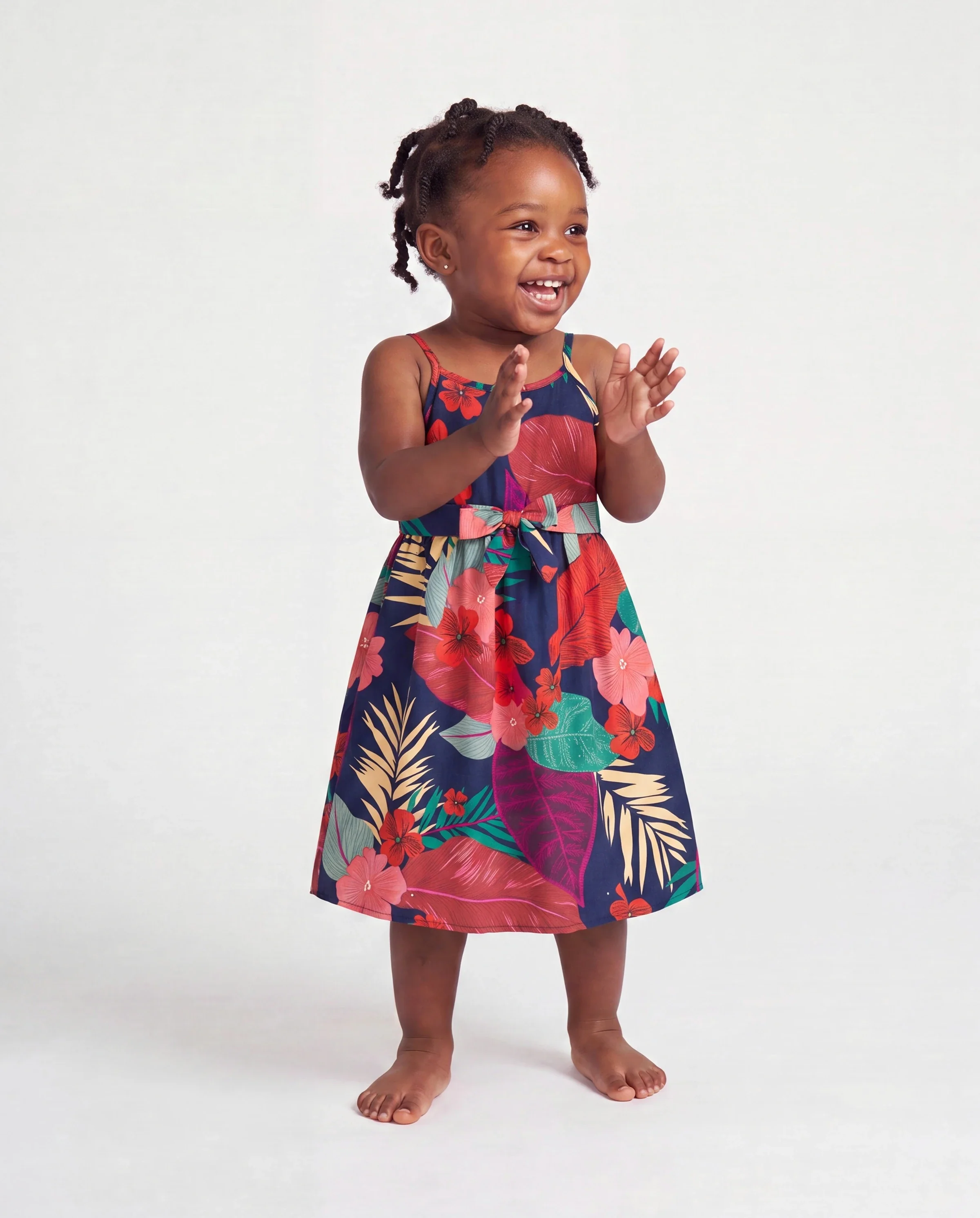 Toddler/Kid Girl Sets Floral V-neck Strap Dress with Hidden Snap Deep Blue - Image 2