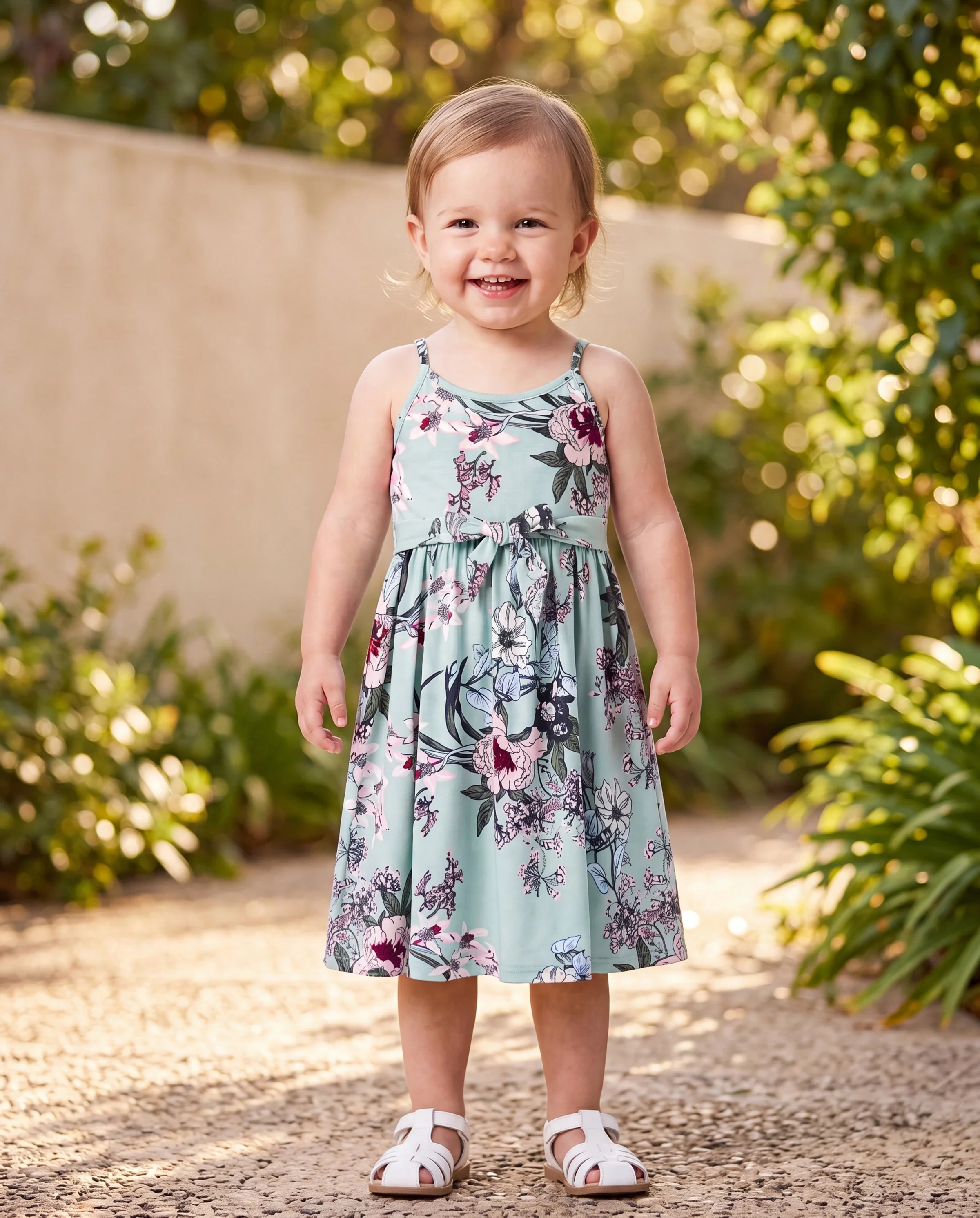 Toddler/Kid Girl Sets Flora Print Strap Belted Dress Light Green - Image 8