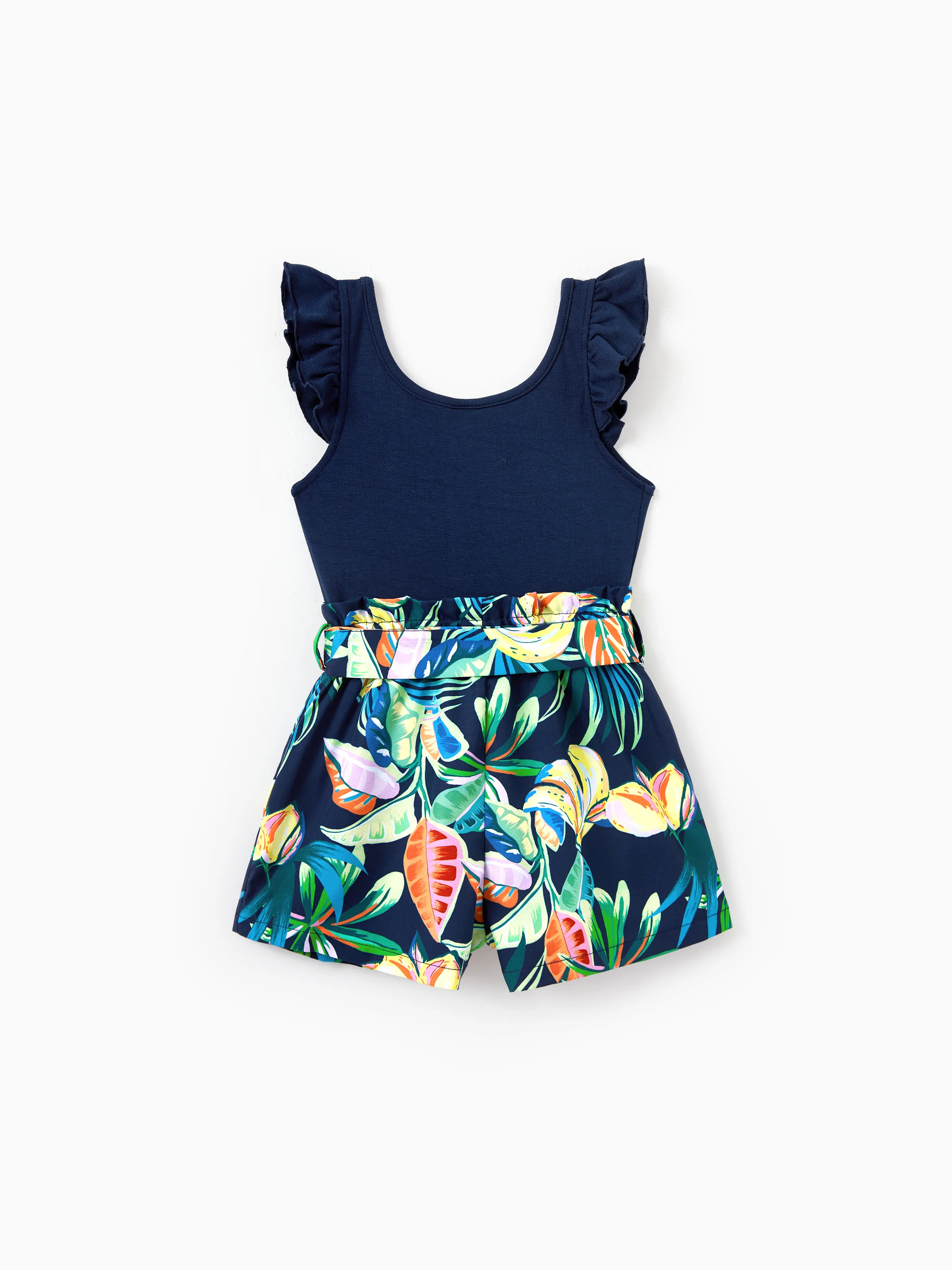 Toddler/Kid Girl Tropical Leaves Print Sleeveless Rompers with Belted Shorts Deep Blue - Image 3