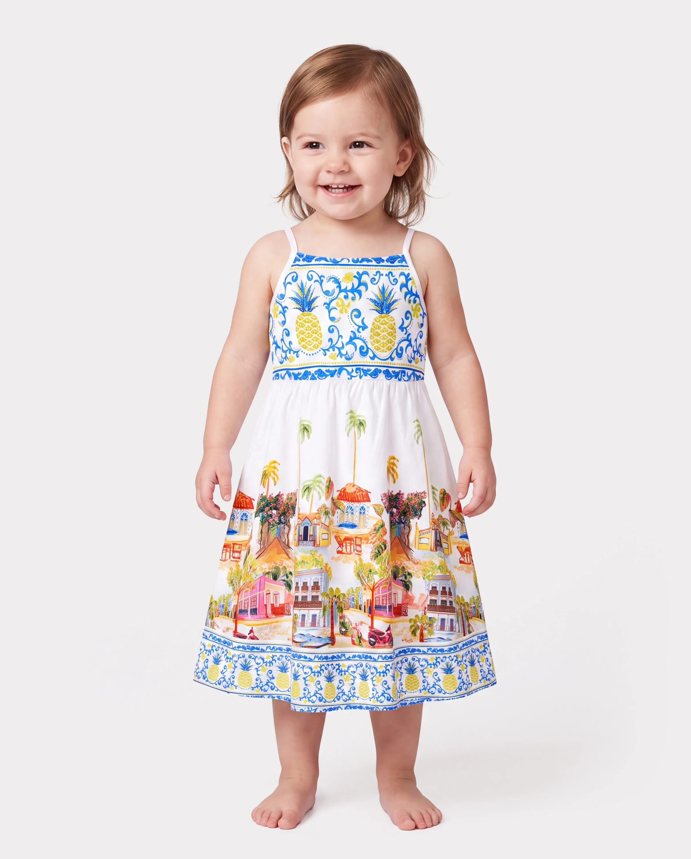 Toddler/Kid Girl Vacation Tropical Pineapple Coconut Tree Print Hollow out Strap Dress for Summer Vacation  White
