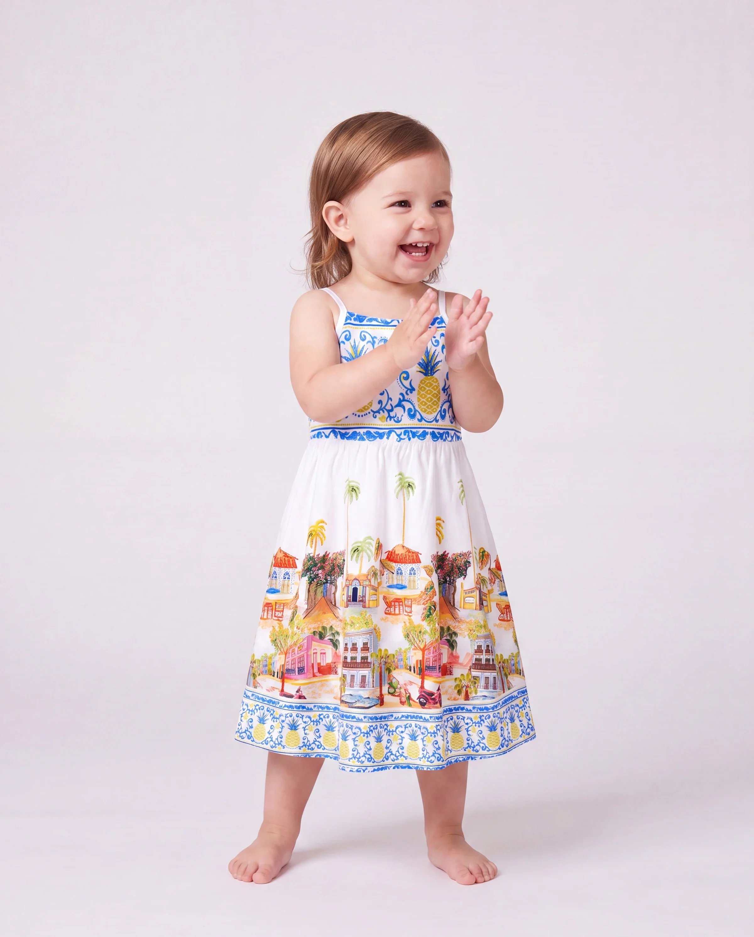 Toddler/Kid Girl Vacation Tropical Pineapple Coconut Tree Print Hollow out Strap Dress for Summer Vacation  White - Image 2