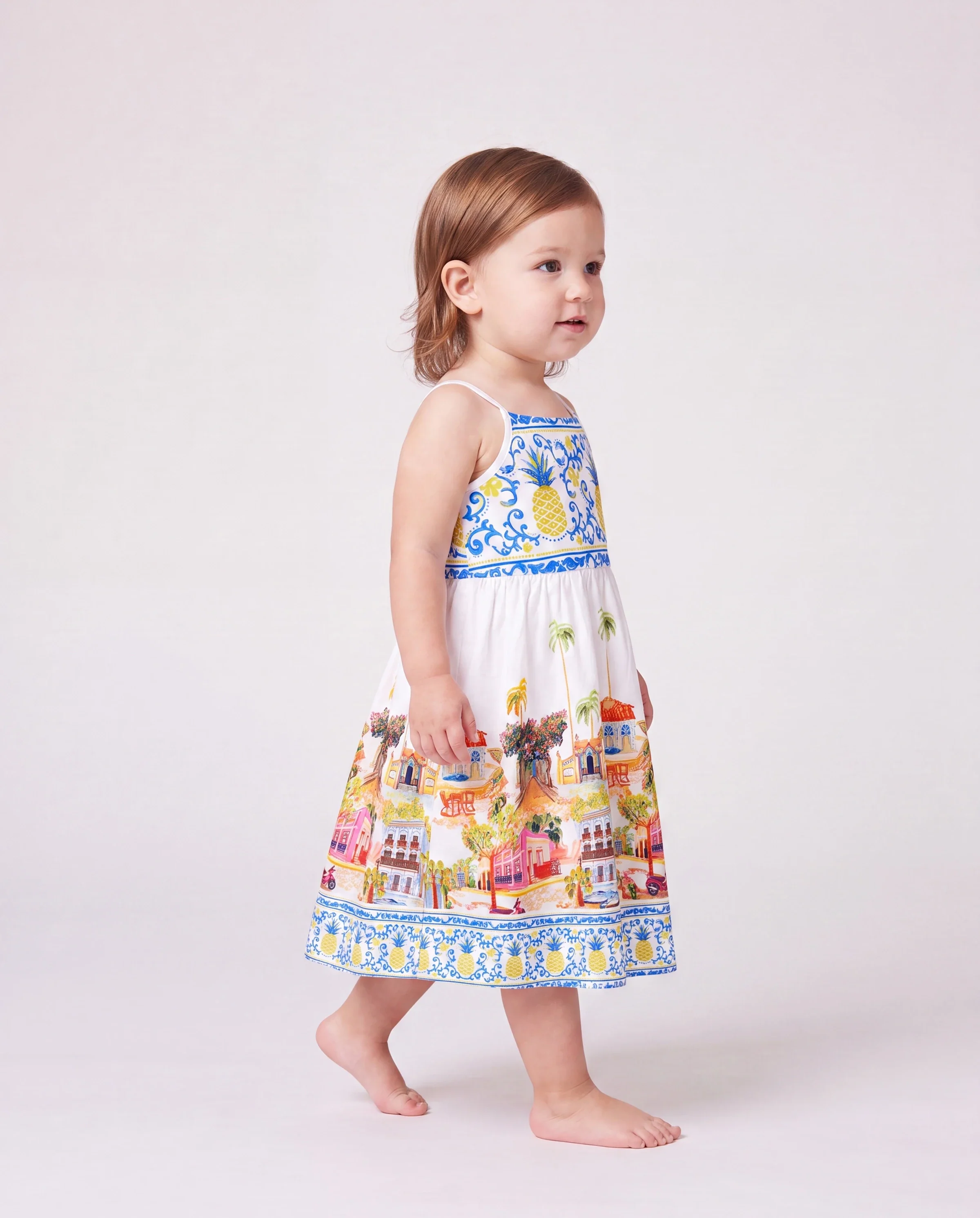 Toddler/Kid Girl Vacation Tropical Pineapple Coconut Tree Print Hollow out Strap Dress for Summer Vacation  White - Image 3