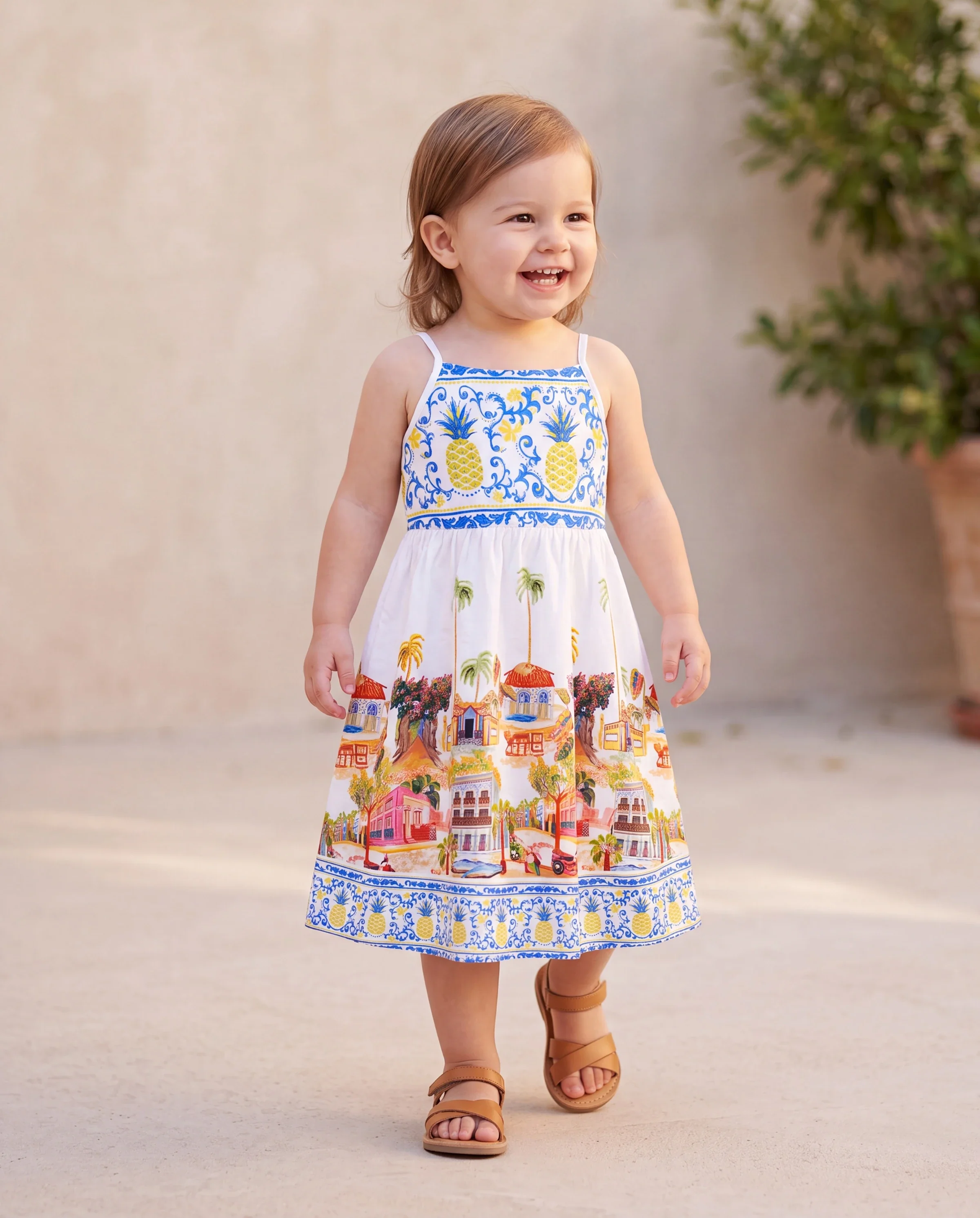 Toddler/Kid Girl Vacation Tropical Pineapple Coconut Tree Print Hollow out Strap Dress for Summer Vacation  White - Image 8