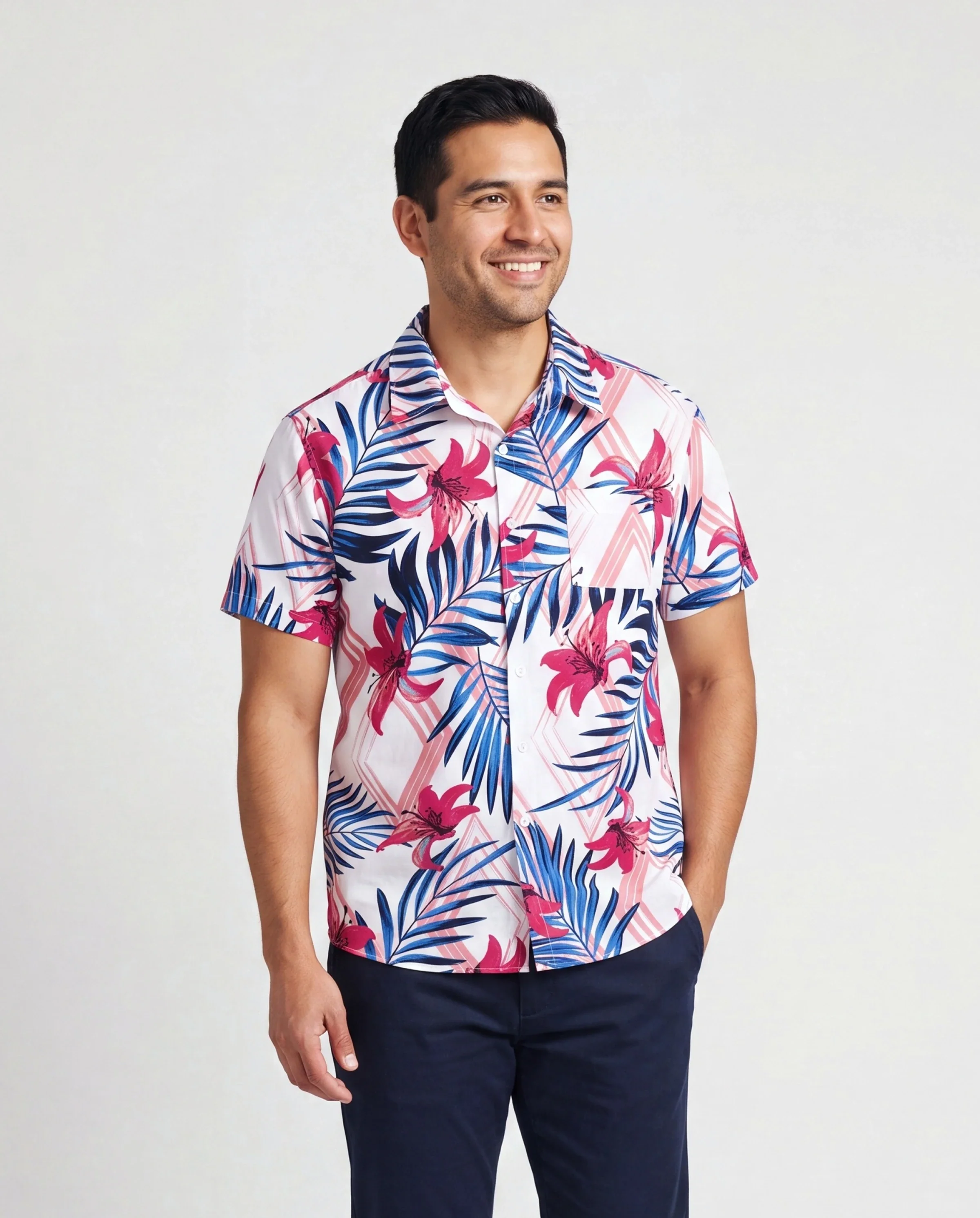 Daddy & Daughter Tropical Floral Outfits Pink Blue Leaf Print Short-sleeve Shirt or One Shoulder Smocked top and Skirt Co-ord Set for Vacation, Cruise, Beach White - Image 2