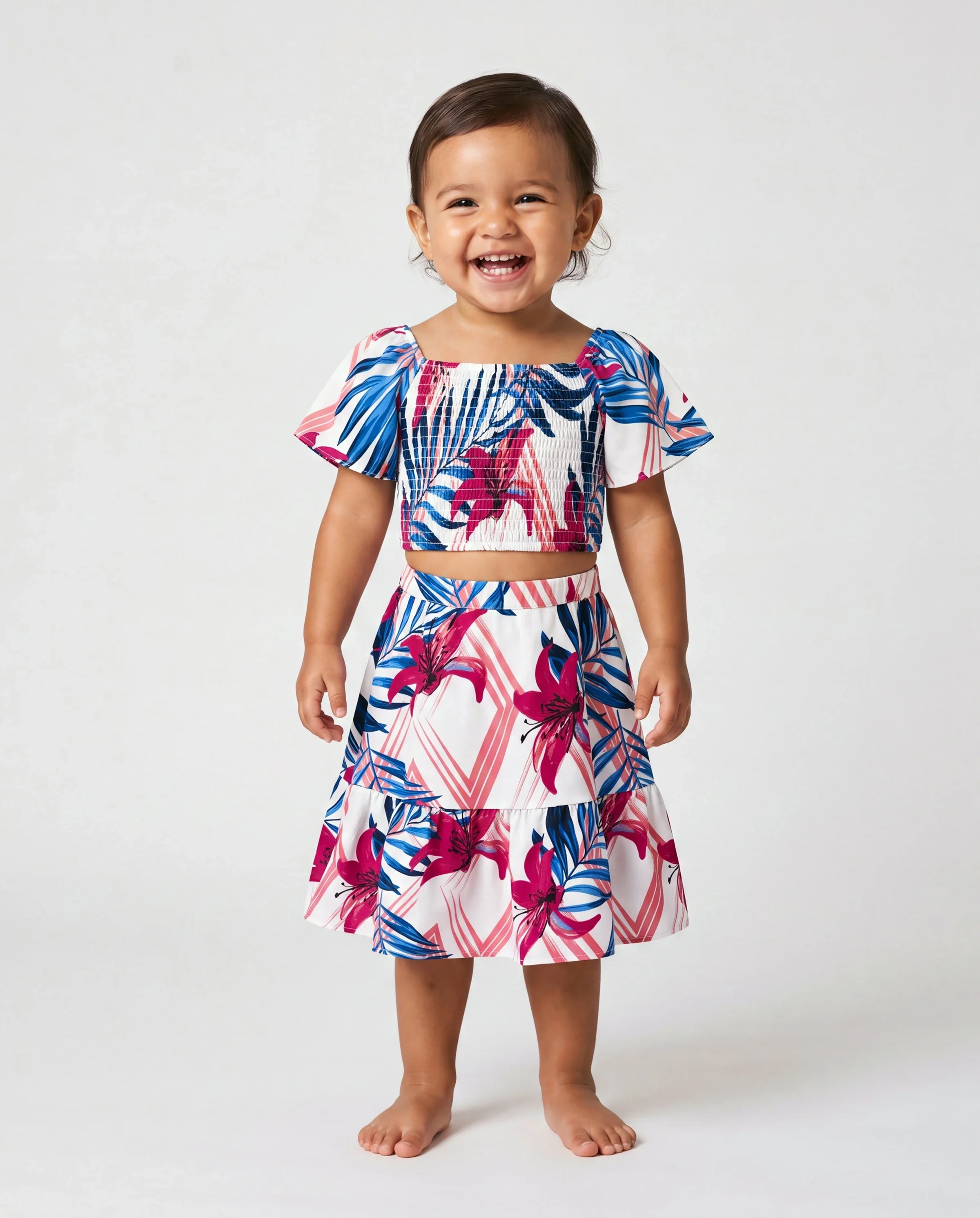 Daddy & Daughter Tropical Floral Outfits Pink Blue Leaf Print Short-sleeve Shirt or One Shoulder Smocked top and Skirt Co-ord Set for Vacation, Cruise, Beach White - Image 3