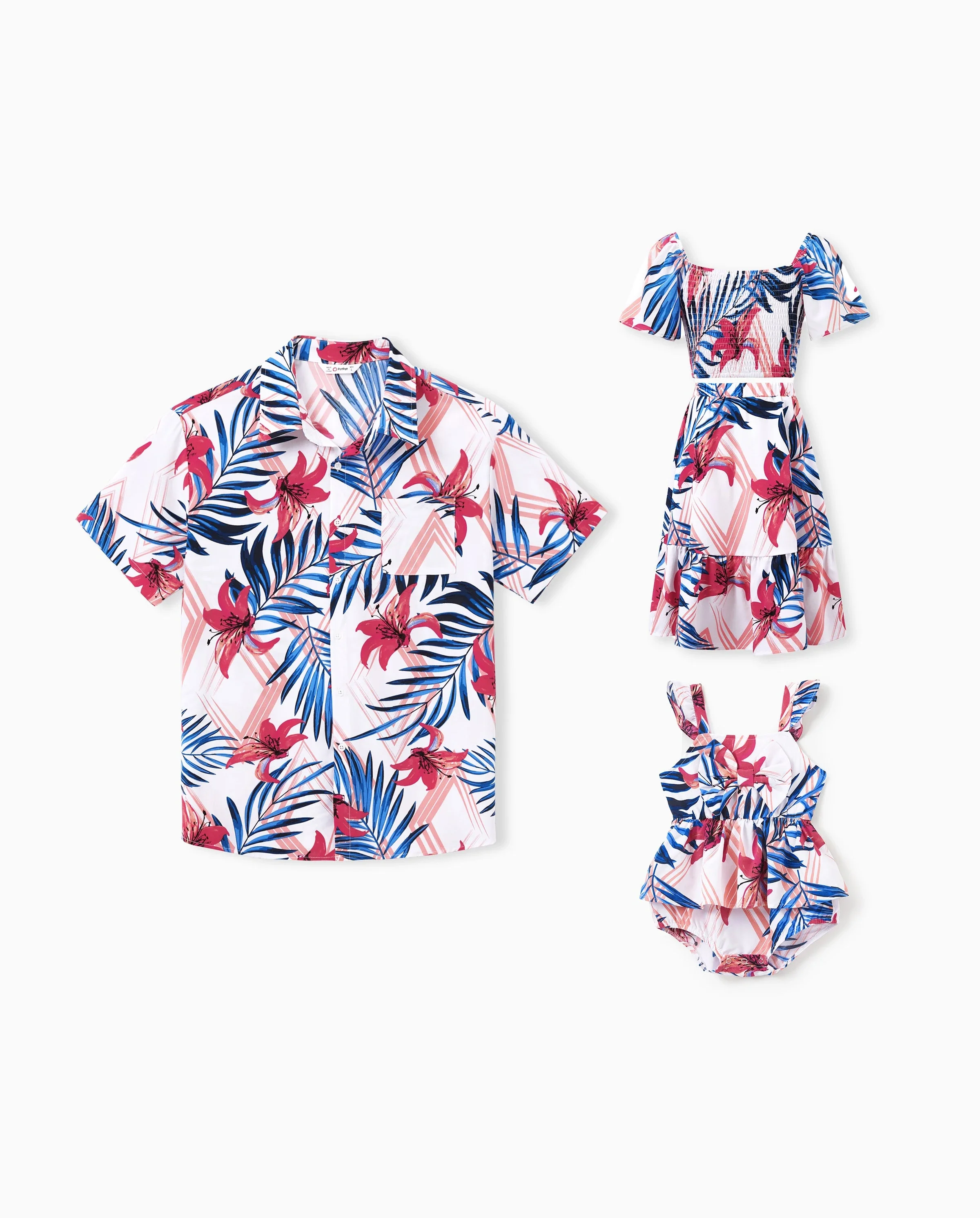 Daddy & Daughter Tropical Floral Outfits Pink Blue Leaf Print Short-sleeve Shirt or One Shoulder Smocked top and Skirt Co-ord Set for Vacation, Cruise, Beach White - Image 8