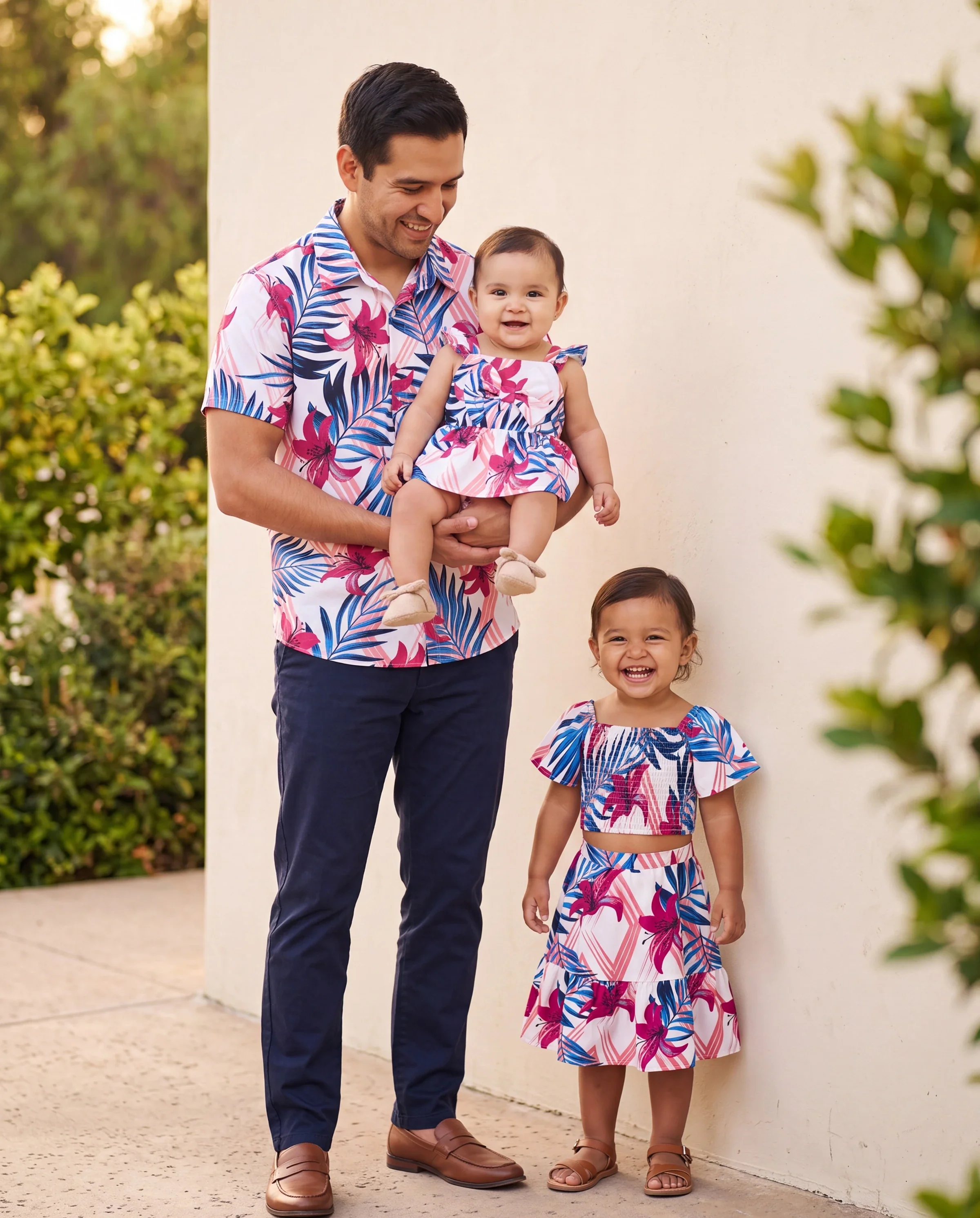 Daddy & Daughter Tropical Floral Outfits Pink Blue Leaf Print Short-sleeve Shirt or One Shoulder Smocked top and Skirt Co-ord Set for Vacation, Cruise, Beach White - Image 9