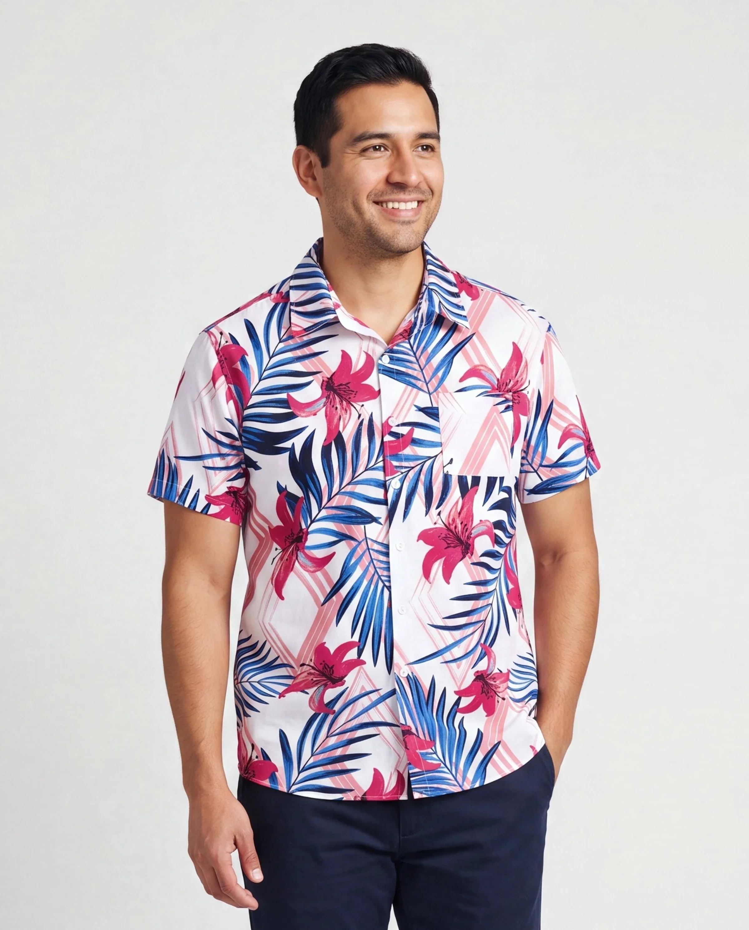 Daddy & Son Tropical Floral Outfits Pink Blue Leaf Print Short-sleeve Shirt Set for Vacation, Cruise, Beach White - Image 2