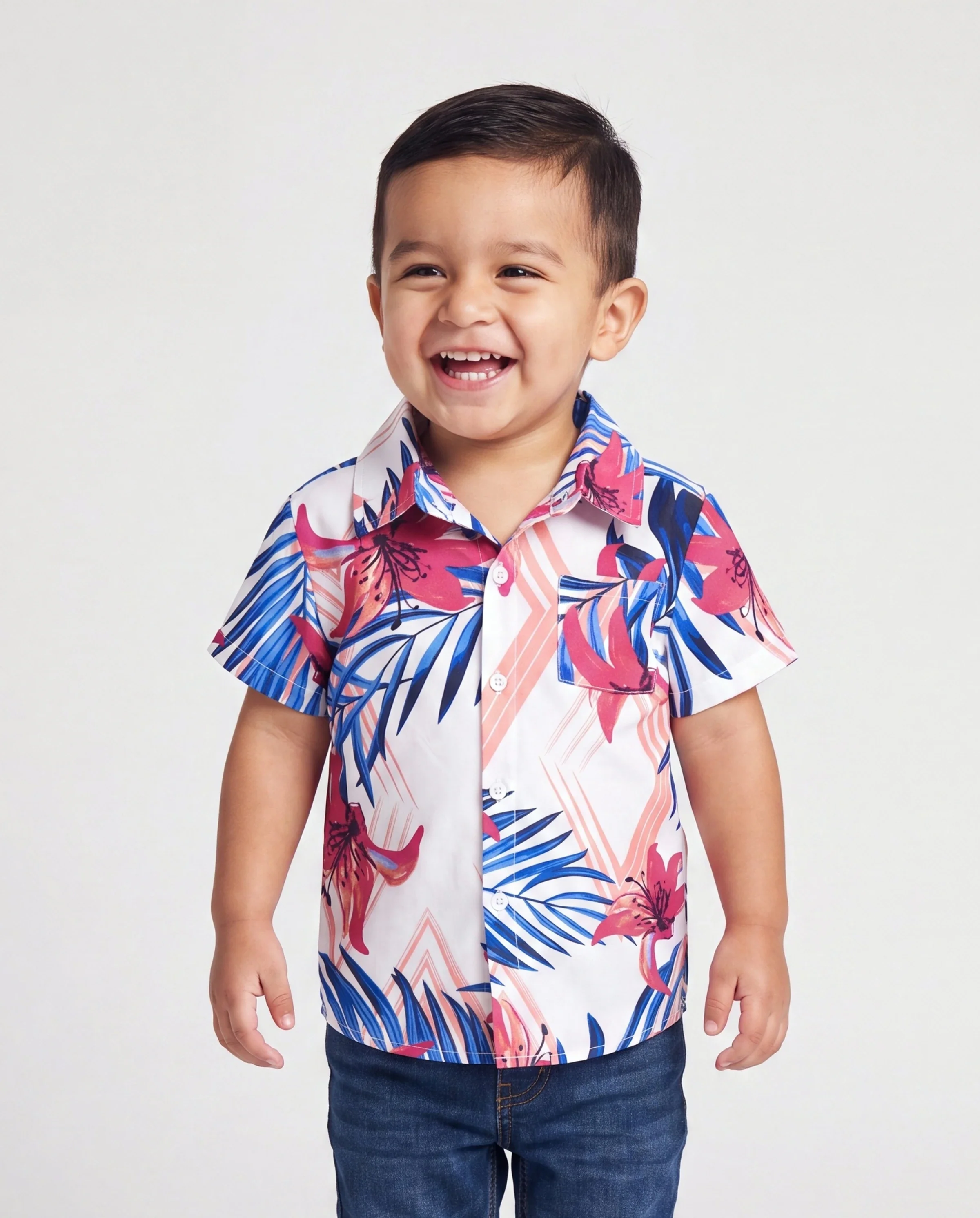 Daddy & Son Tropical Floral Outfits Pink Blue Leaf Print Short-sleeve Shirt Set for Vacation, Cruise, Beach White - Image 3