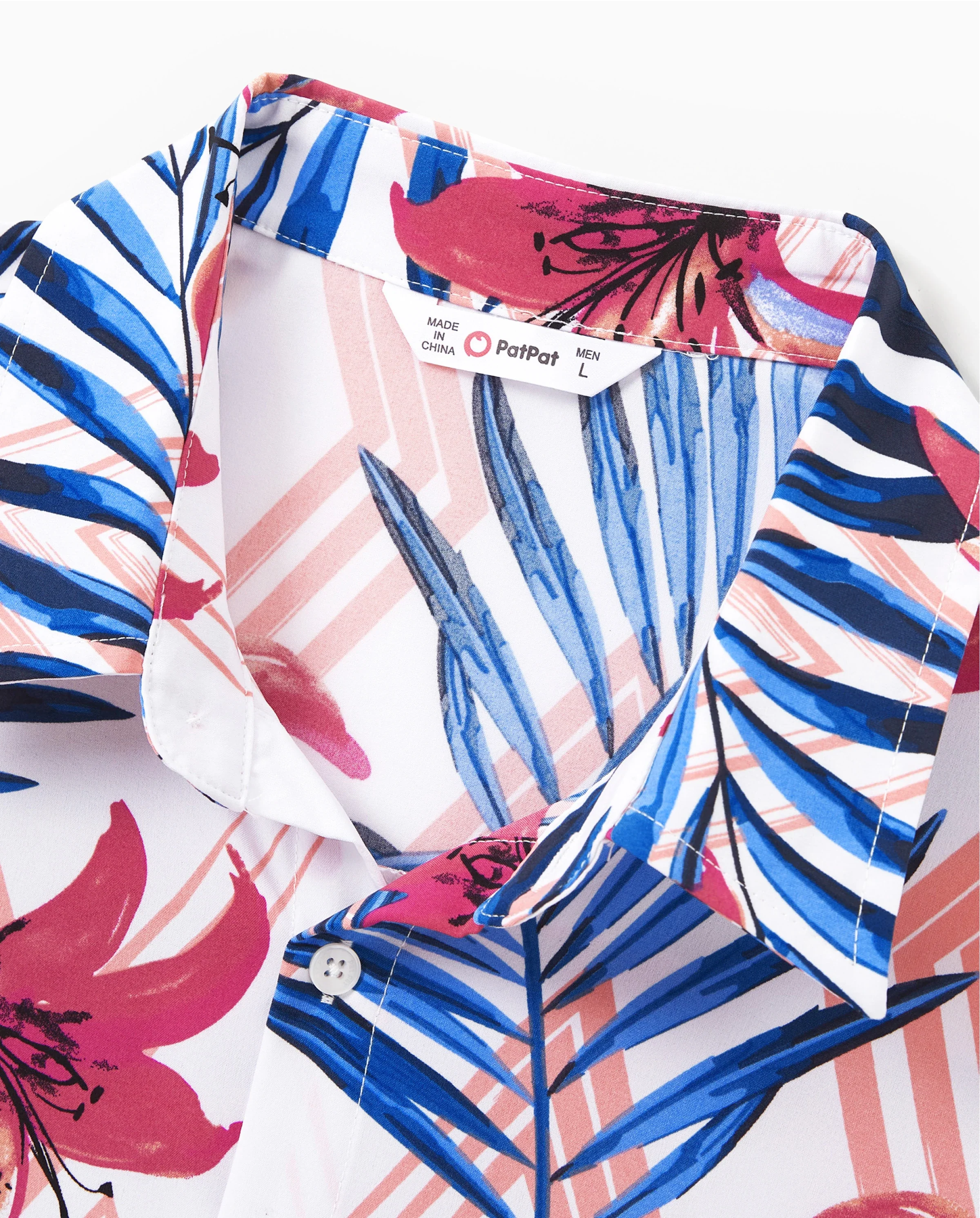 Daddy & Son Tropical Floral Outfits Pink Blue Leaf Print Short-sleeve Shirt Set for Vacation, Cruise, Beach White - Image 5
